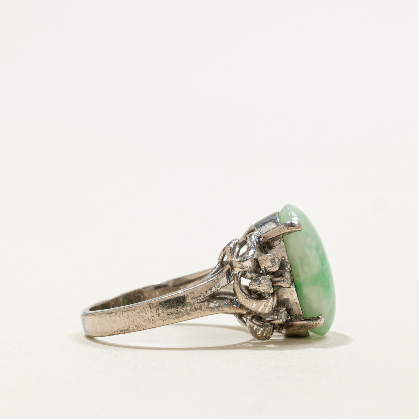 Cabochon Jade & Diamond Ornate Textured Ring | 7.50ct, 0.08ctw | SZ 5.25