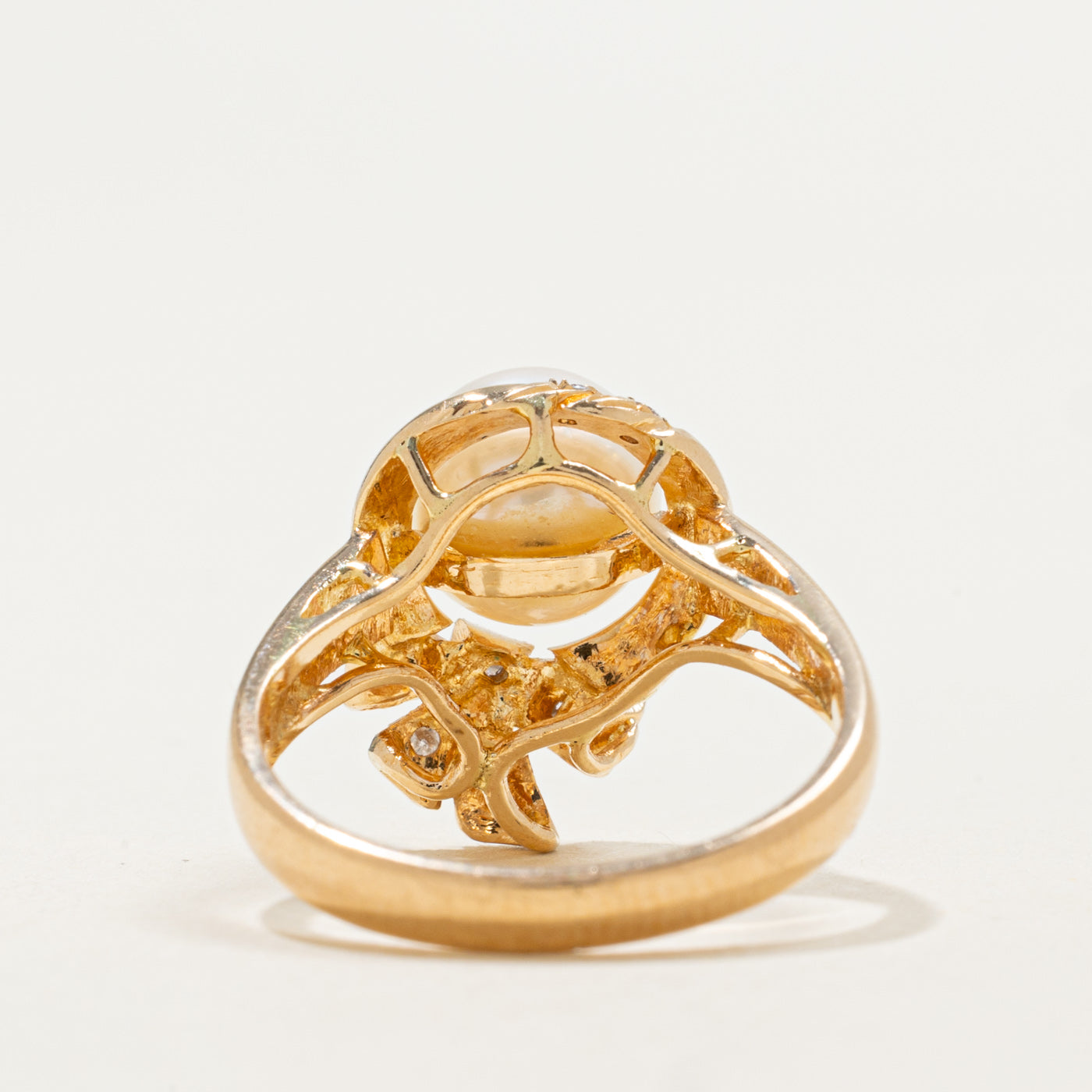 Bague nœud en or 14 carats, perles et diamants | 0,10 ct | Taille 6,5