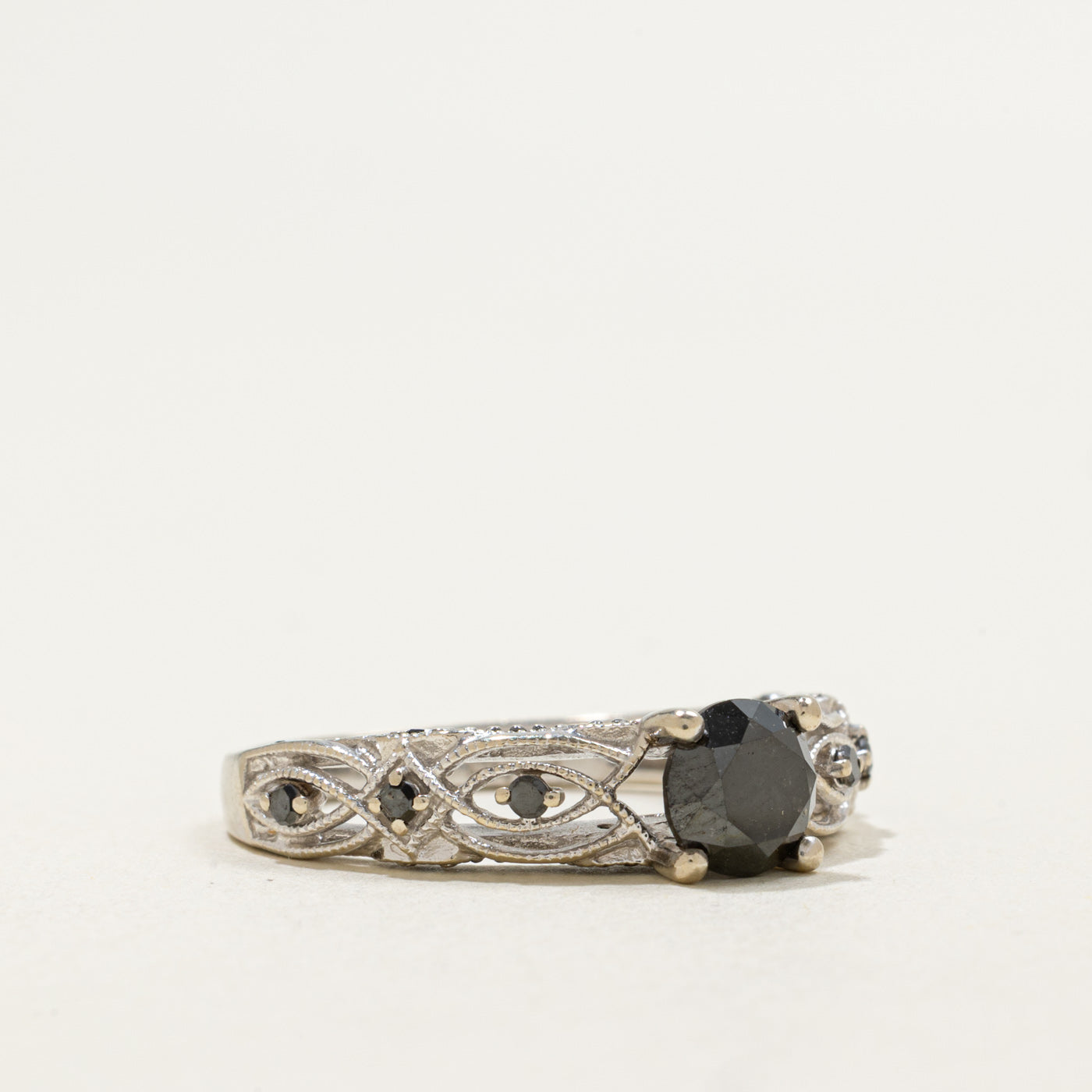 10K White Gold Black Diamond Ornate Ring | 0.91ctw | SZ 7.5