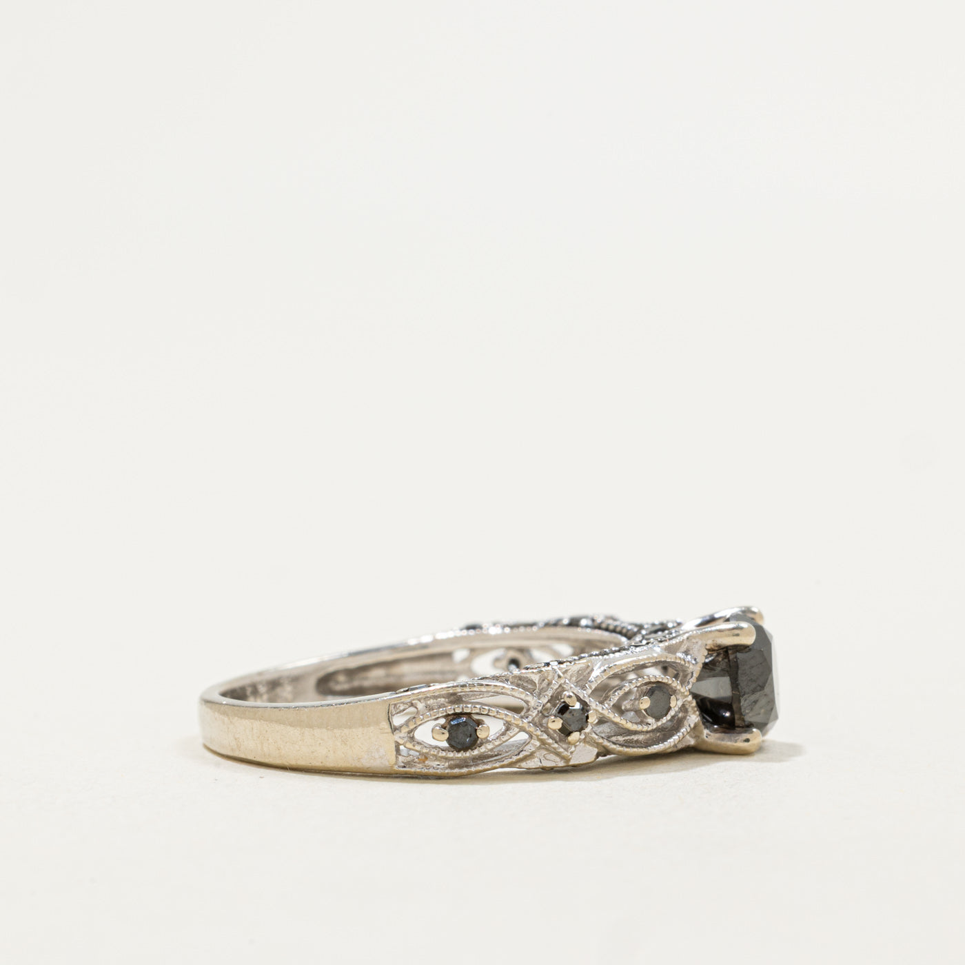 10K White Gold Black Diamond Ornate Ring | 0.91ctw | SZ 7.5