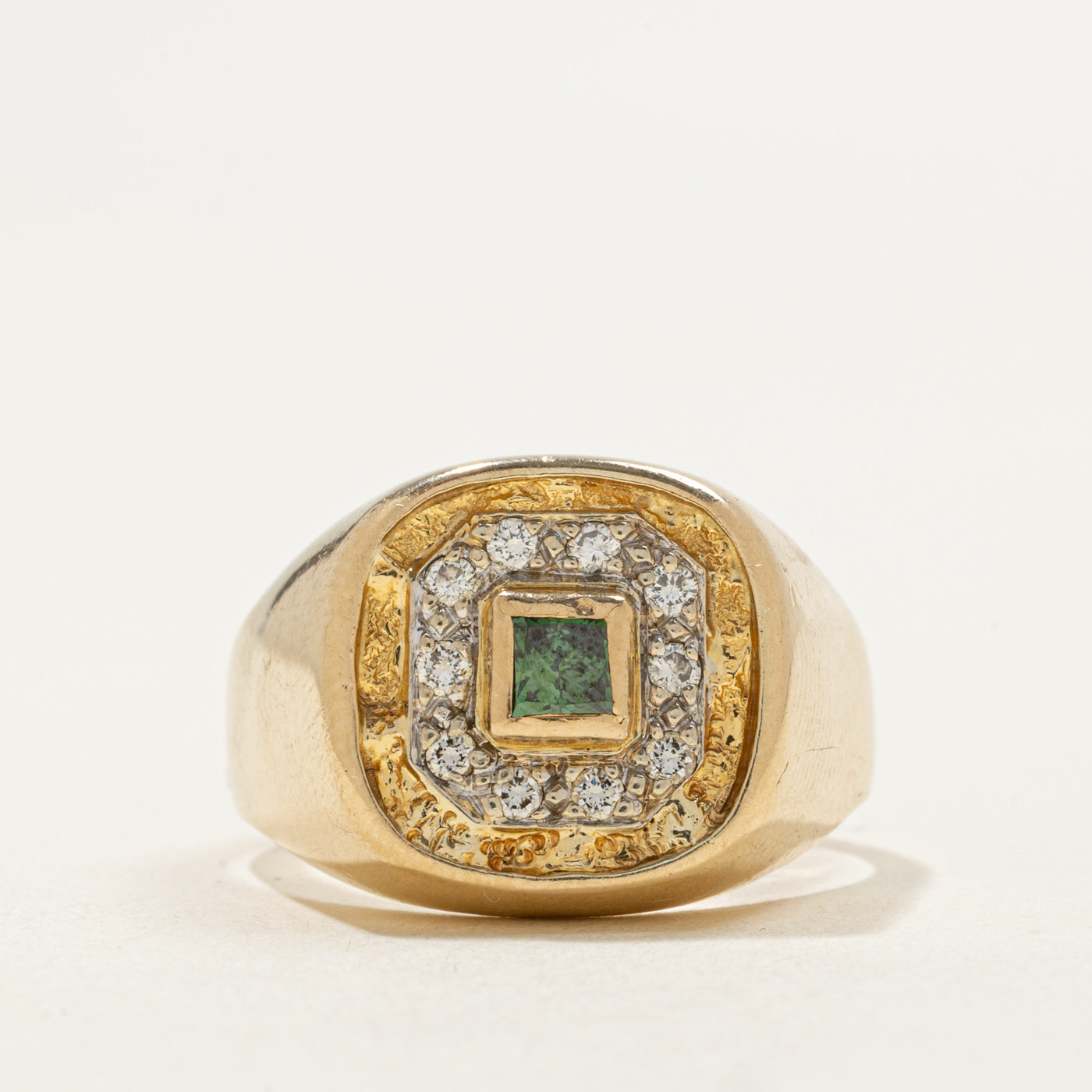14K Green & White Diamond Textured Signet Ring | 0.50ctw | SZ 8.5