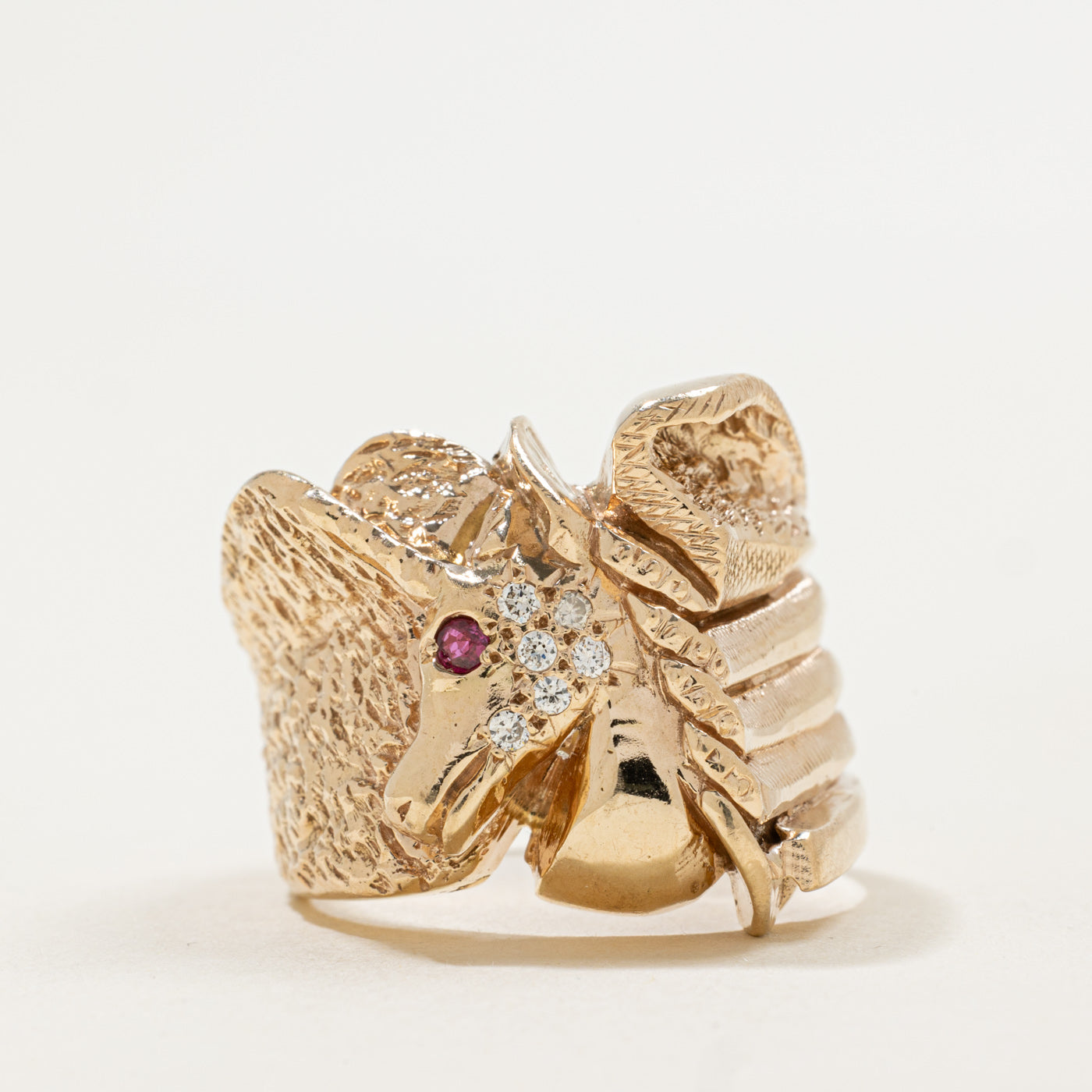 10K Round Cut Ruby & Diamond Unicorn Cocktail Ring | 0.05ct, 0.08ctw | SZ 10.75