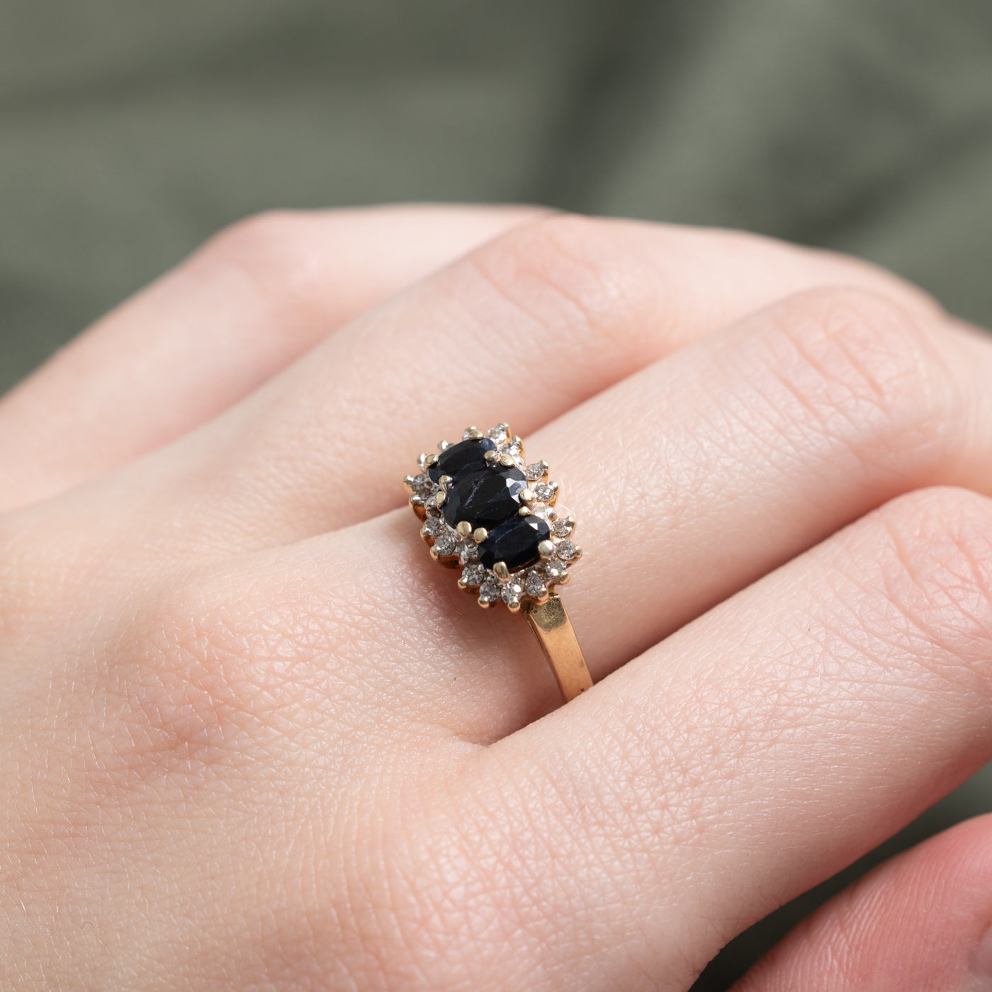 Three Stone Sapphire & Diamond Petal Halo Ring | 0.50ctw, 0.10ctw | SZ 6.75