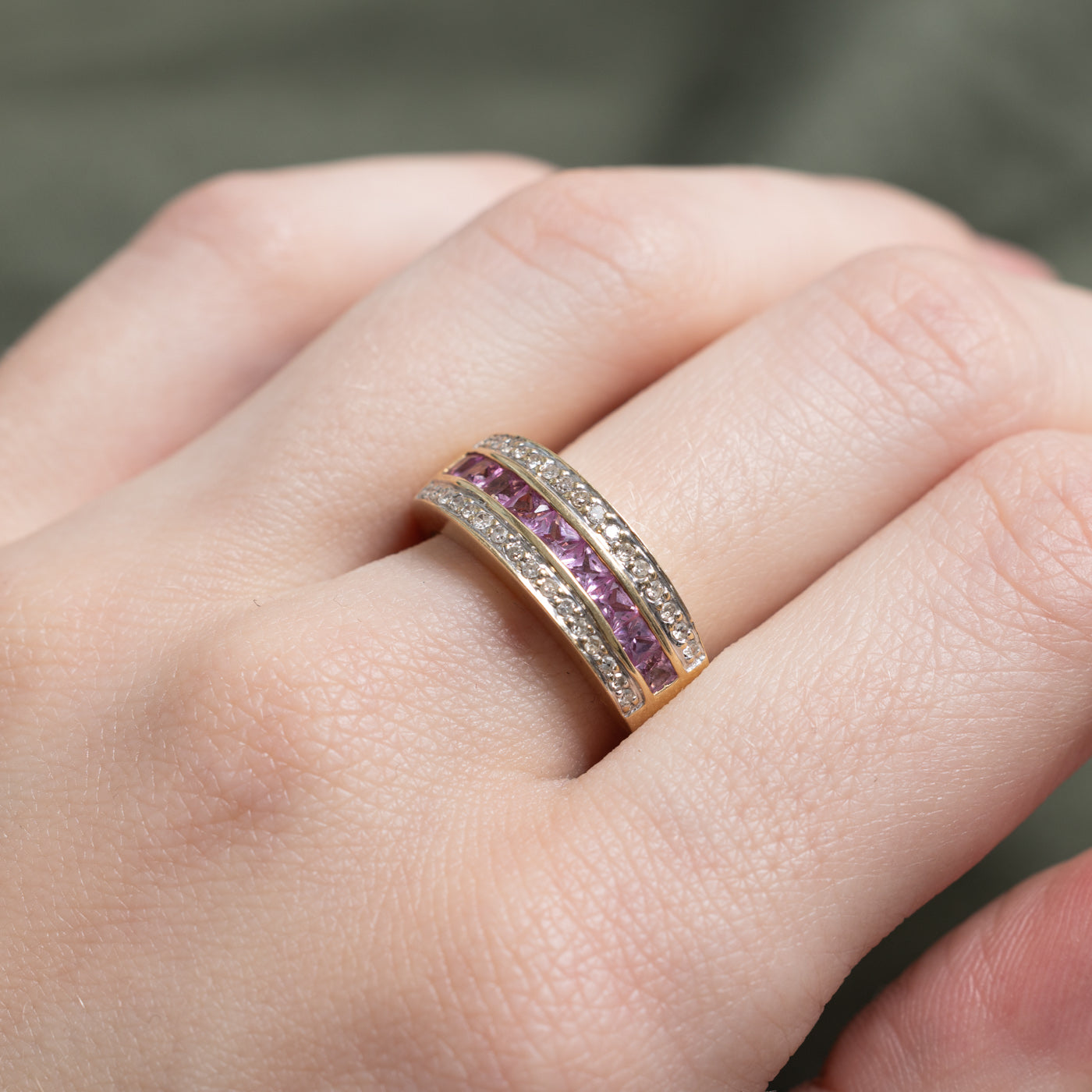 Channel Set Synthetic Pink Sapphire & Natural Diamond Band | 0.20ctw, 0.16ctw | SZ 7.5