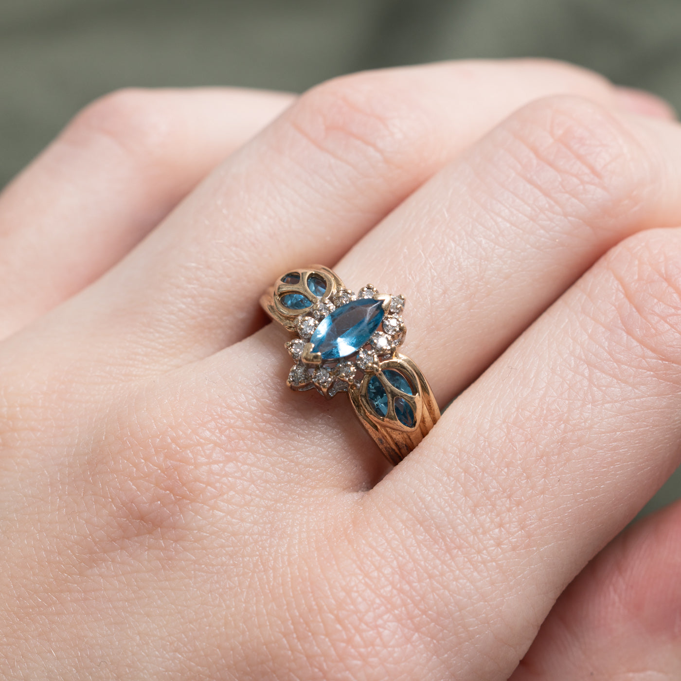 Marquise Cut Blue Topaz & Diamond Floral Ring | 1.30ctw, 0.12ctw | SZ 8.25