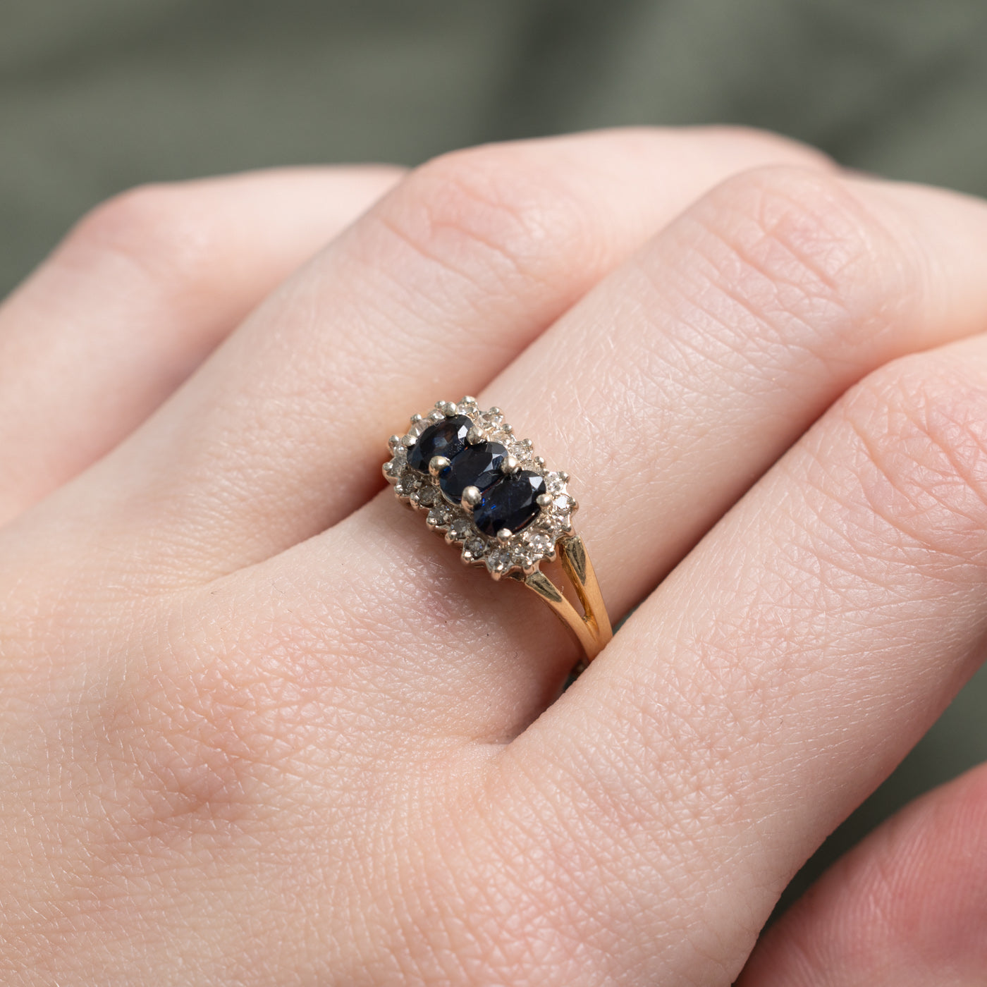 Three Stone Sapphire & Diamond Petal Halo Ring | SZ 6.75