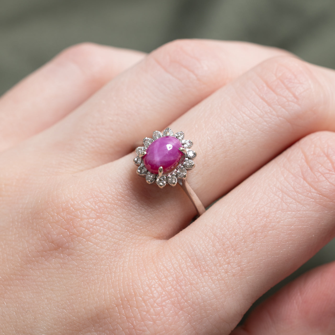 Synthetic Ruby & Natural Diamond Petal Halo Ring | 2.0ct, 0.26ctw | SZ 7.0