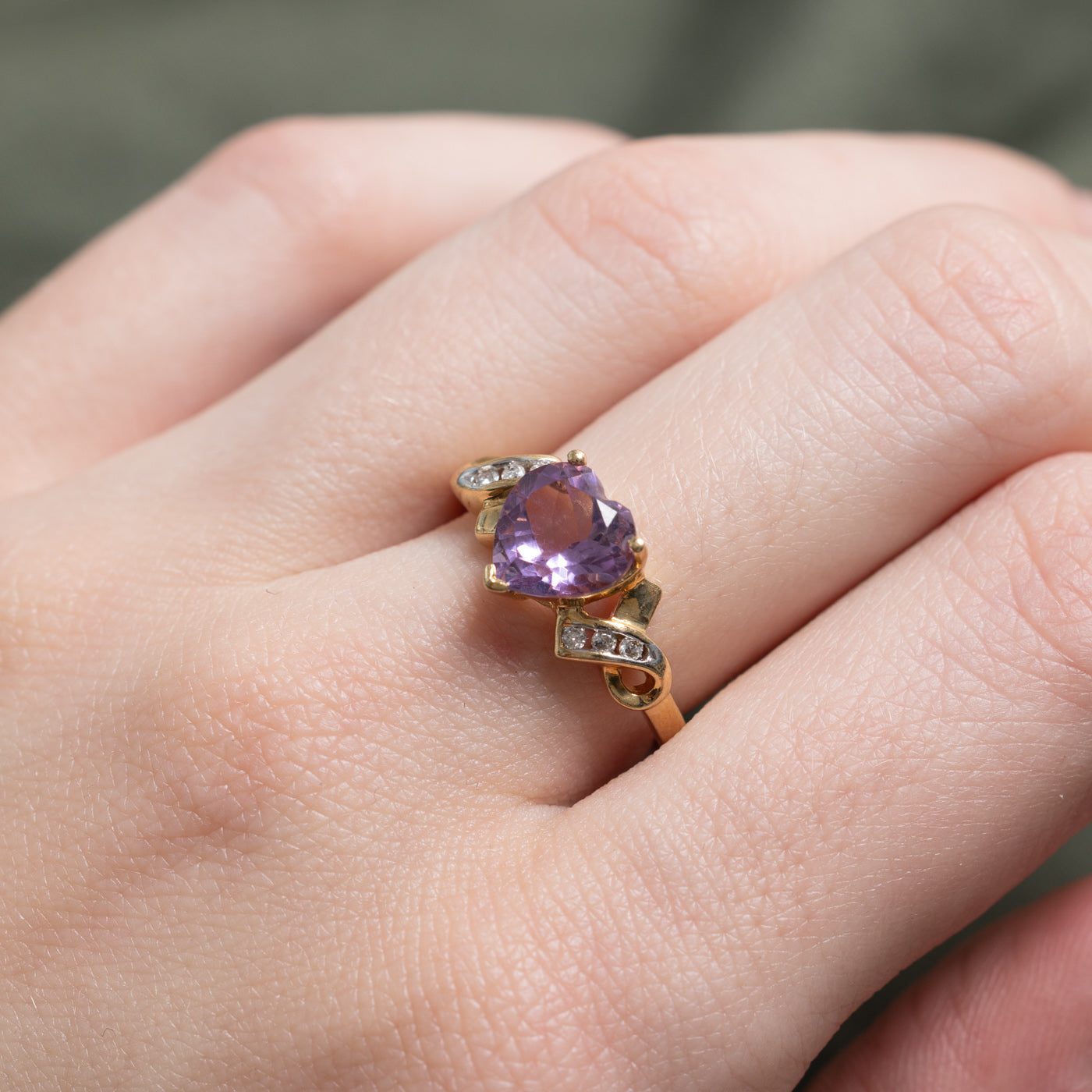 Heart Cut Amethyst & Diamond Cross Over Ring | 1.40ct, 0.03ctw | SZ 7.0