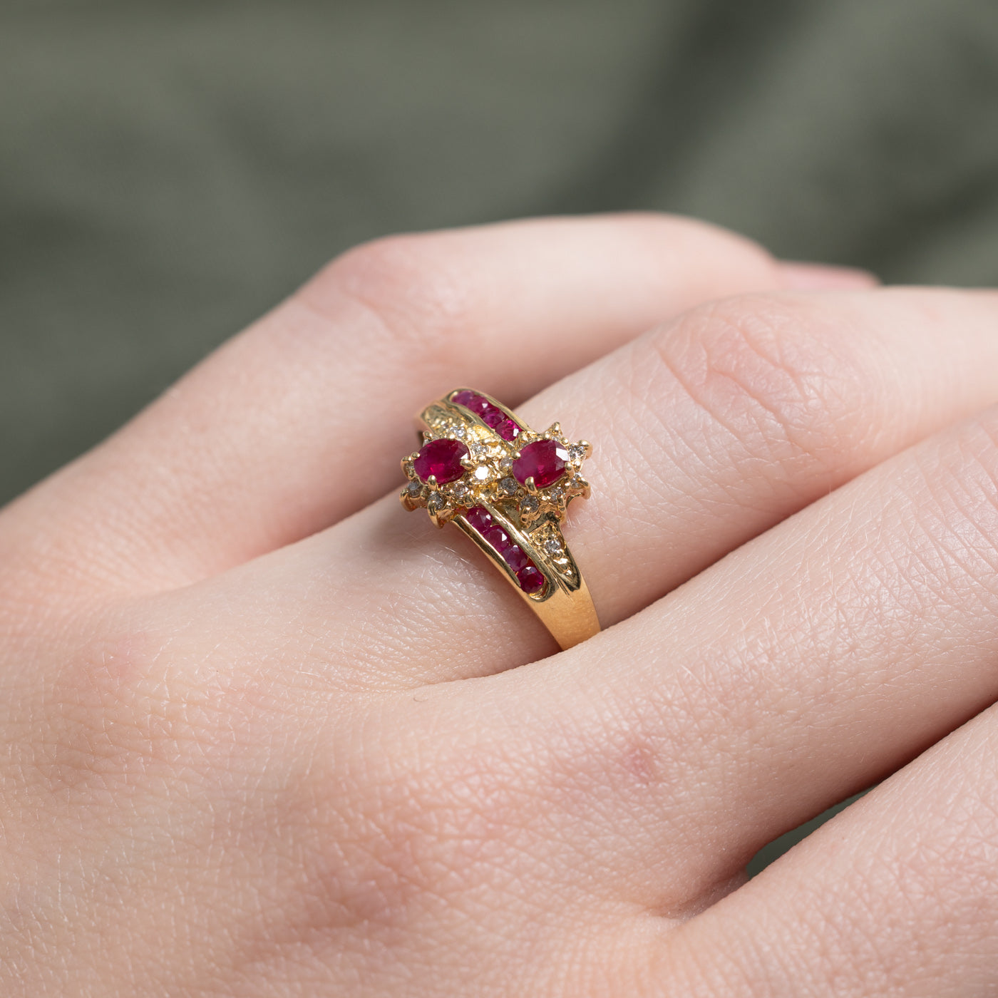 Synthetic Ruby & Natural Diamond Petal Halo Bypass Ring | 0.05ctw, 0.05ctw | SZ 7.25
