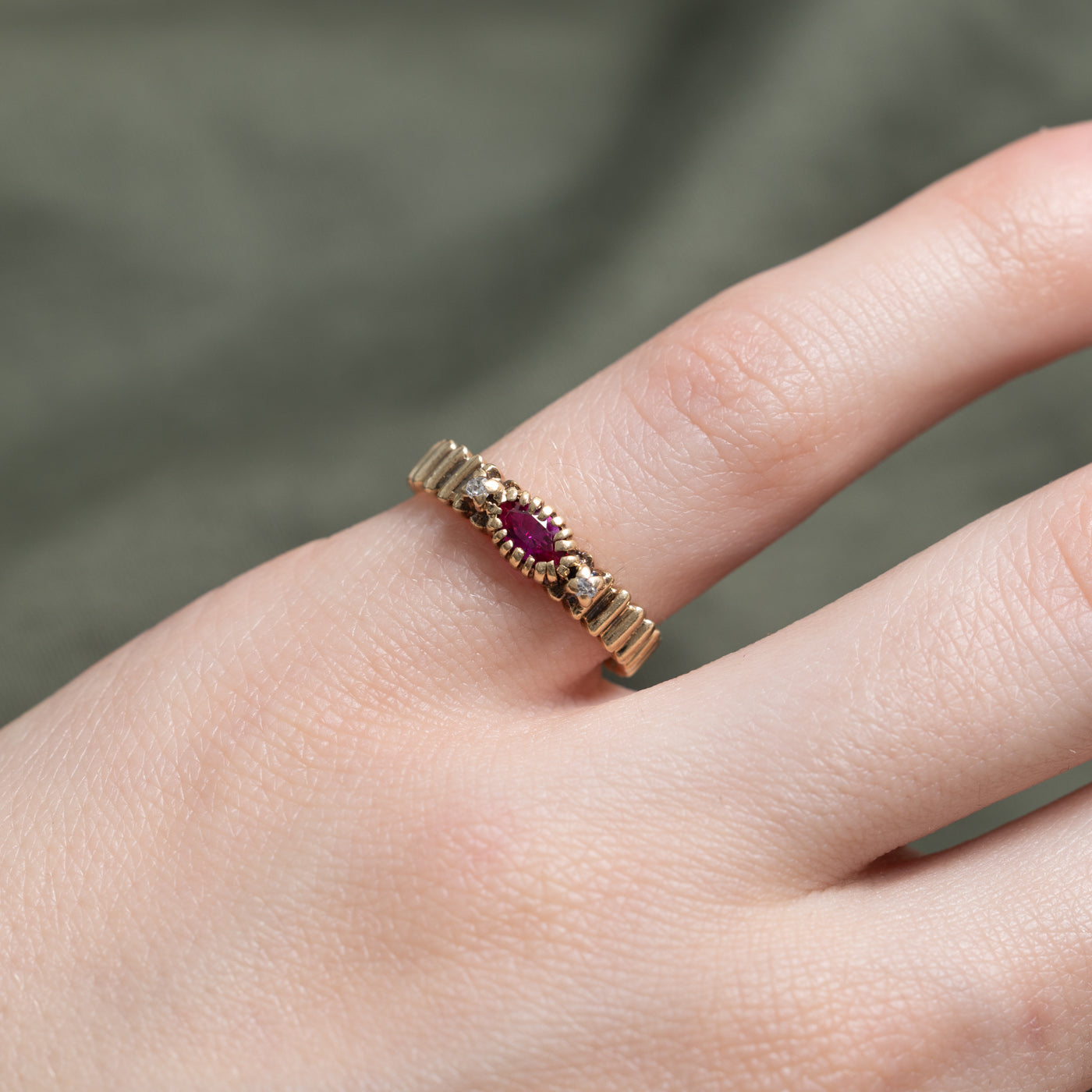 Marquise Cut Synthetic Ruby & Natural Diamond Fluted Ring | SZ 4.5