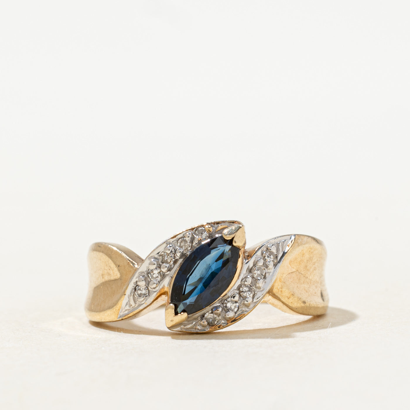 Marquise Cut Sapphire & Diamond Grooved Ring | 0.40ct, 0.05ctw | SZ 7.25