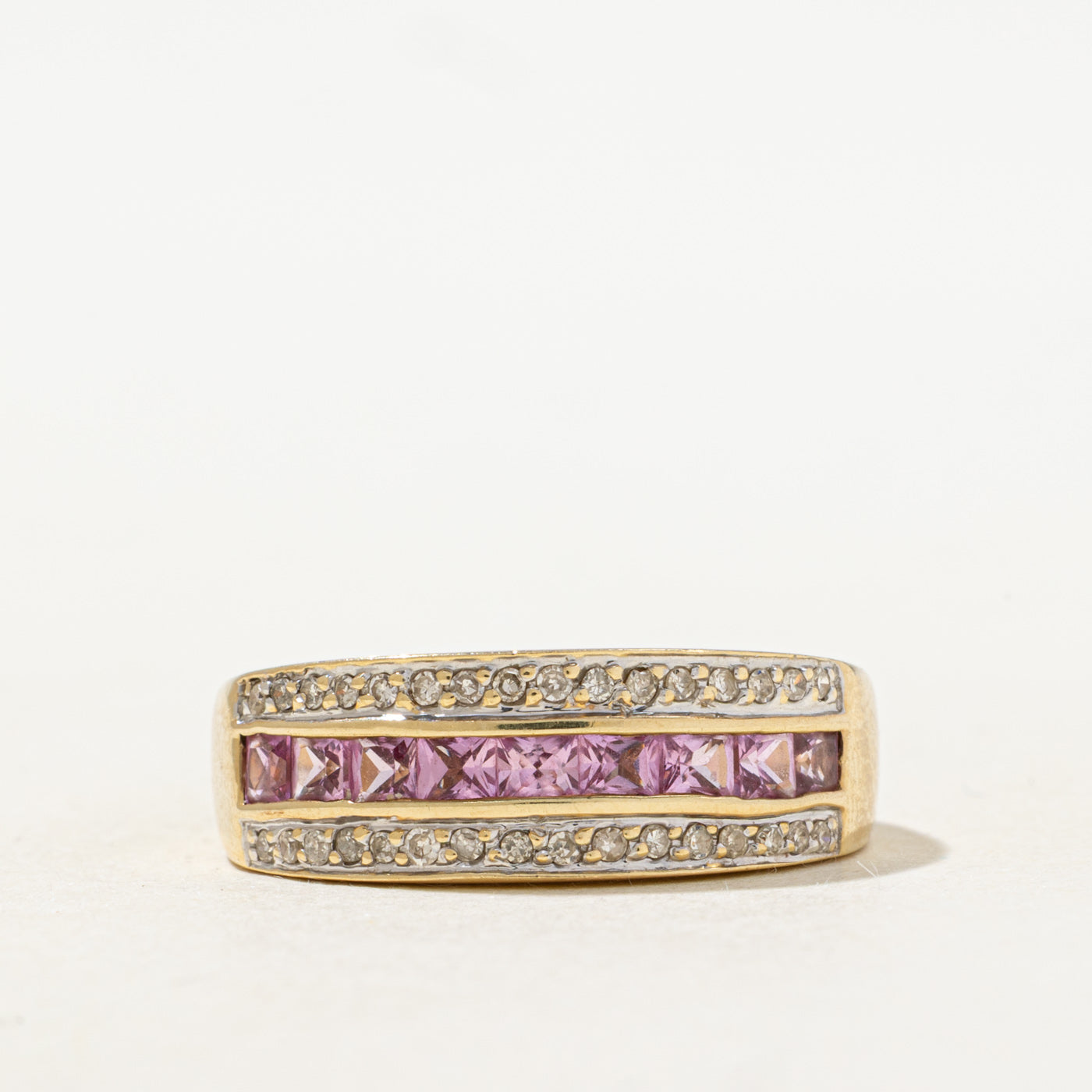 Channel Set Synthetic Pink Sapphire & Natural Diamond Band | 0.20ctw, 0.16ctw | SZ 7.5