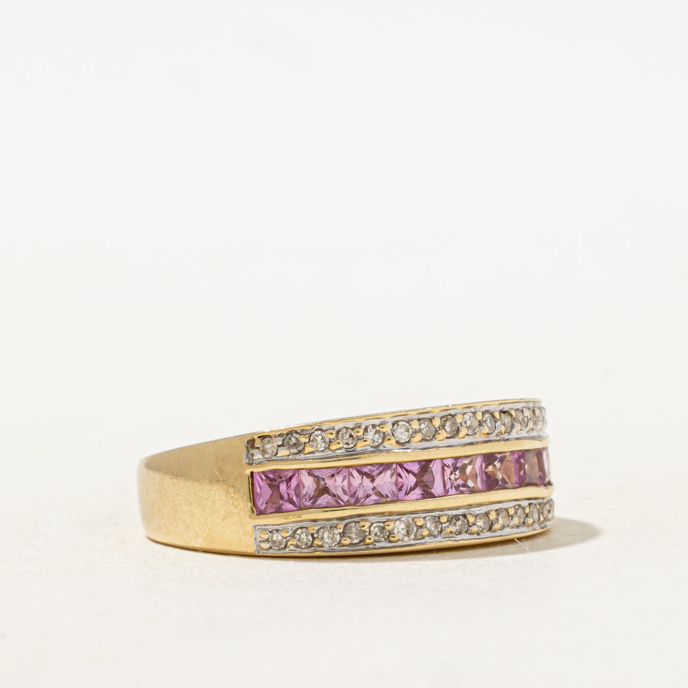 Channel Set Synthetic Pink Sapphire & Natural Diamond Band | 0.20ctw, 0.16ctw | SZ 7.5