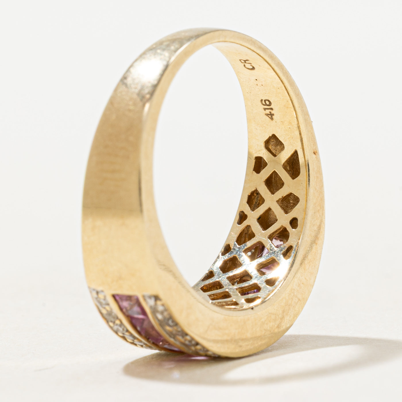 Channel Set Synthetic Pink Sapphire & Natural Diamond Band | 0.20ctw, 0.16ctw | SZ 7.5