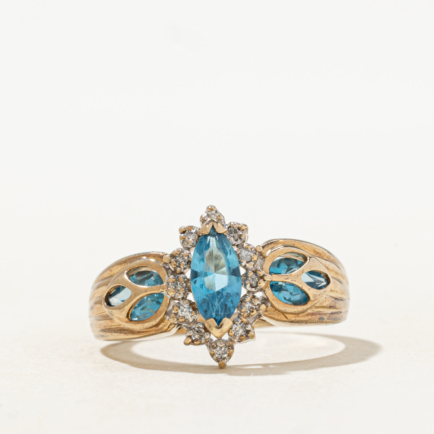 Marquise Cut Blue Topaz & Diamond Floral Ring | 1.30ctw, 0.12ctw | SZ 8.25