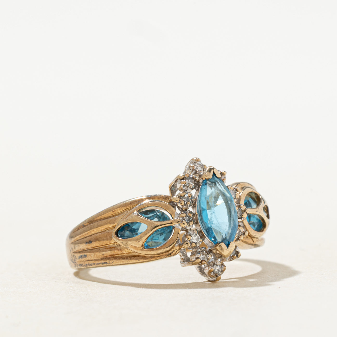 Marquise Cut Blue Topaz & Diamond Floral Ring | 1.30ctw, 0.12ctw | SZ 8.25