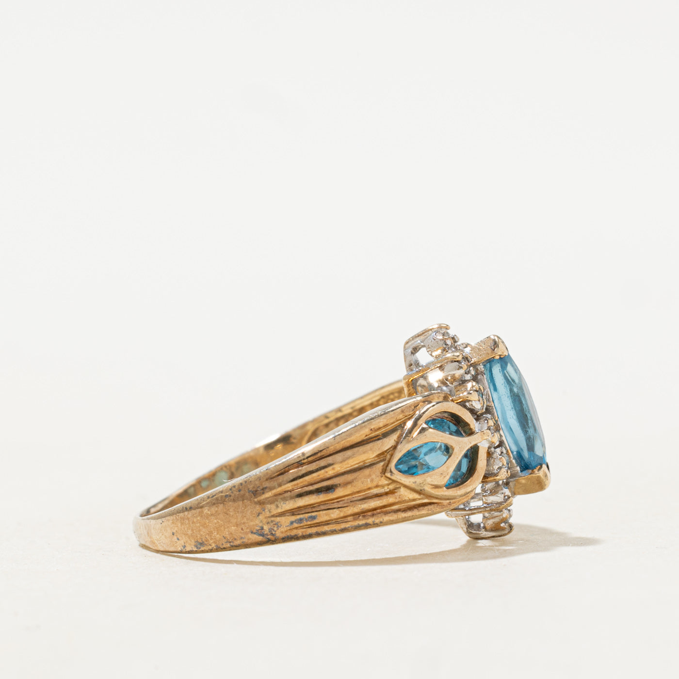 Marquise Cut Blue Topaz & Diamond Floral Ring | 1.30ctw, 0.12ctw | SZ 8.25