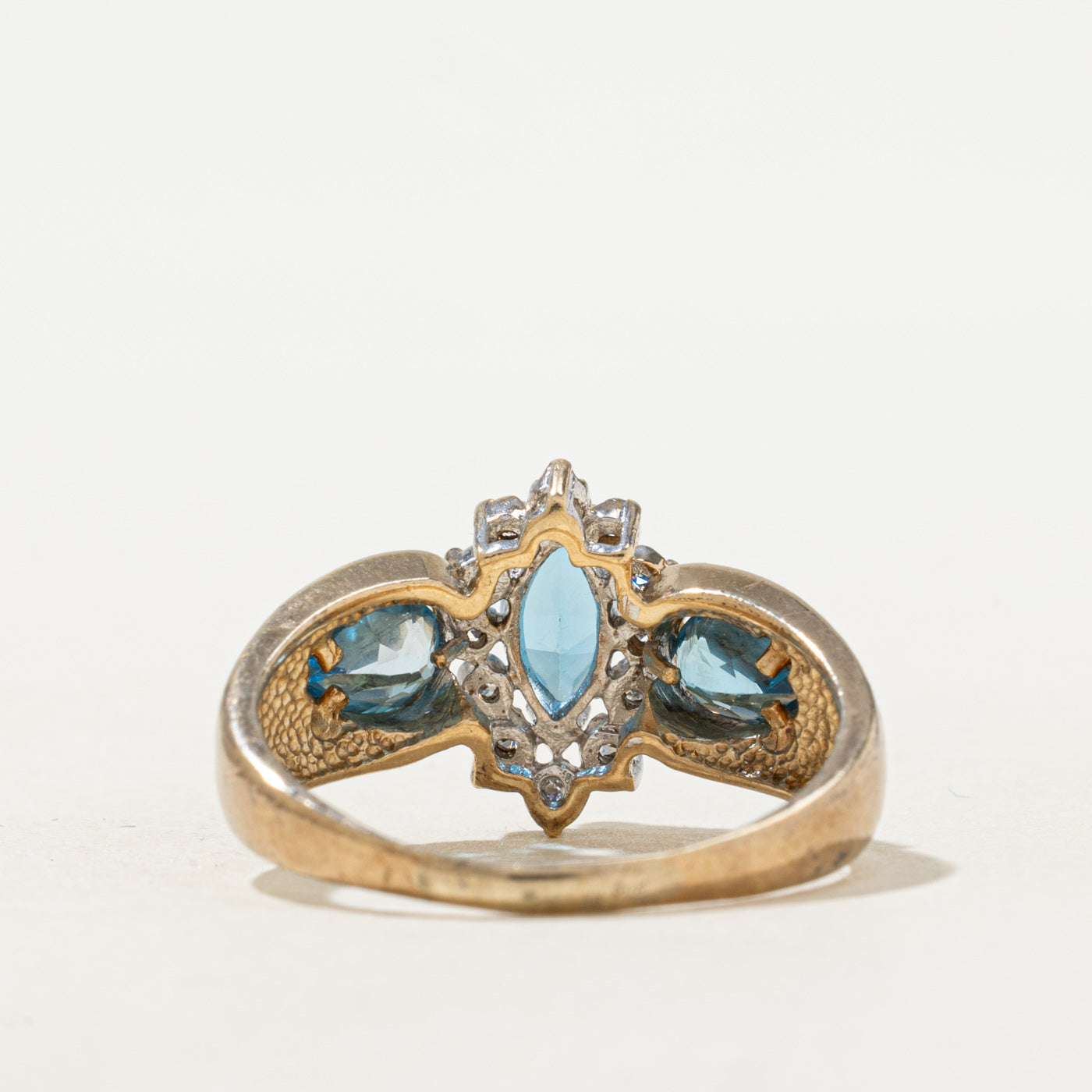 Marquise Cut Blue Topaz & Diamond Floral Ring | 1.30ctw, 0.12ctw | SZ 8.25