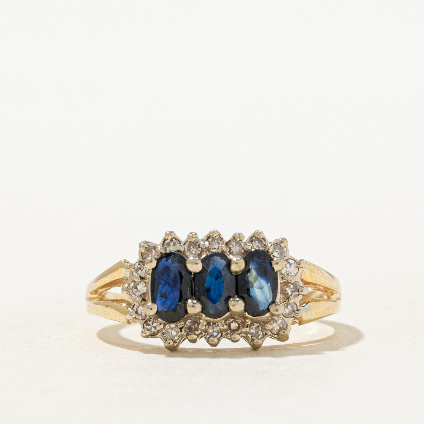 Three Stone Sapphire & Diamond Petal Halo Ring | SZ 6.75
