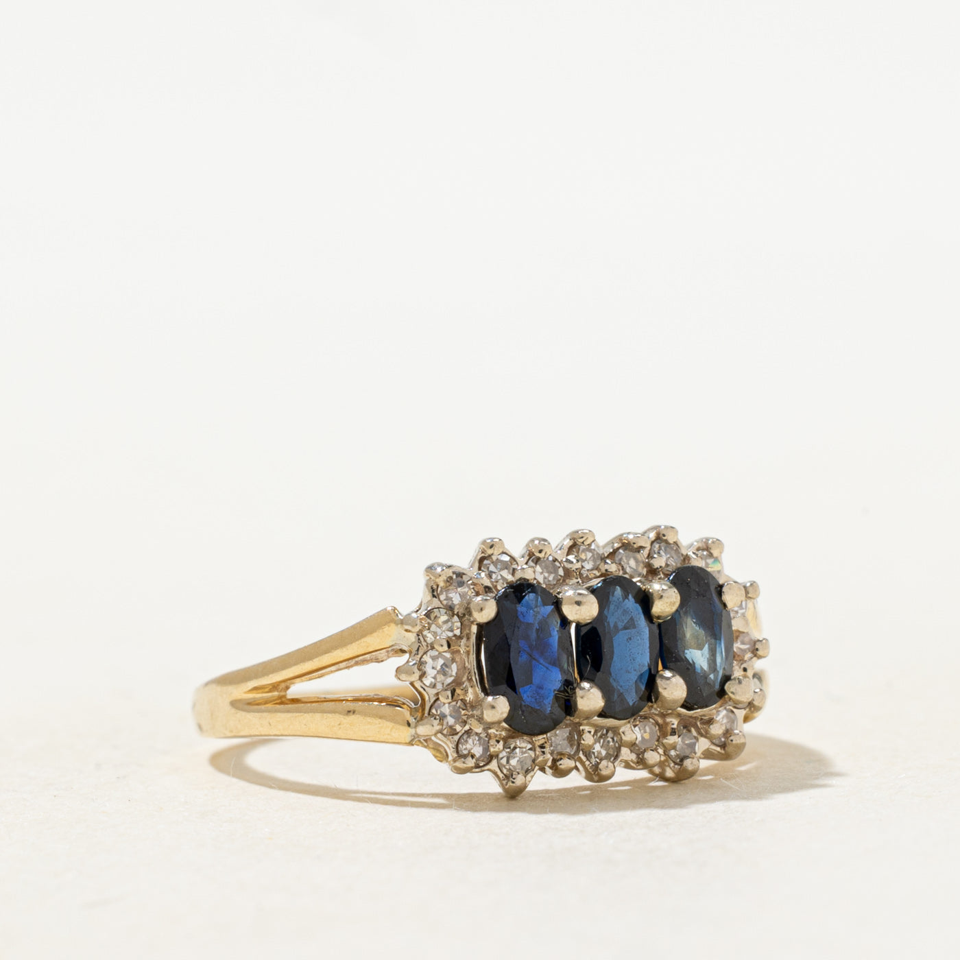 Three Stone Sapphire & Diamond Petal Halo Ring | SZ 6.75