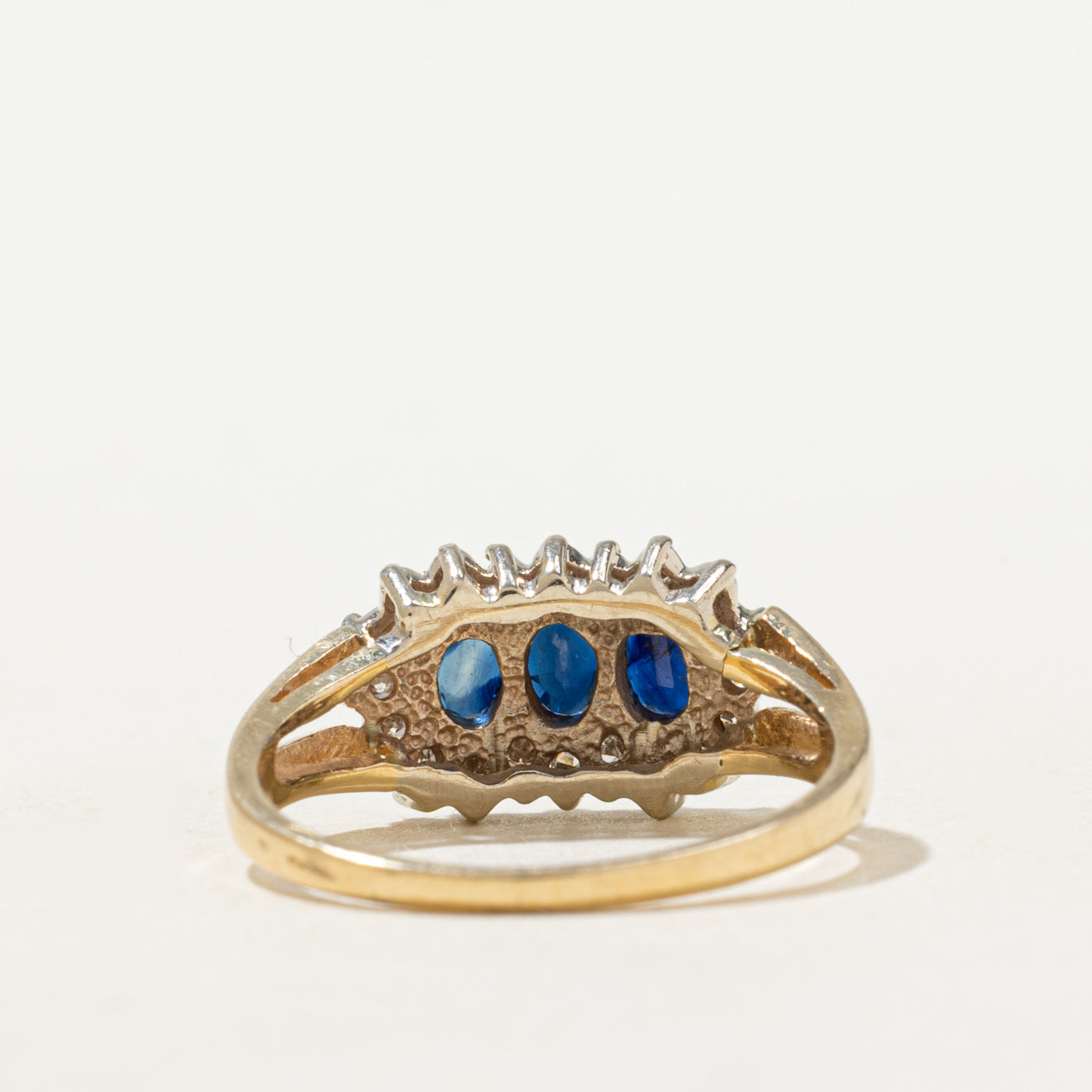 Three Stone Sapphire & Diamond Petal Halo Ring | SZ 6.75