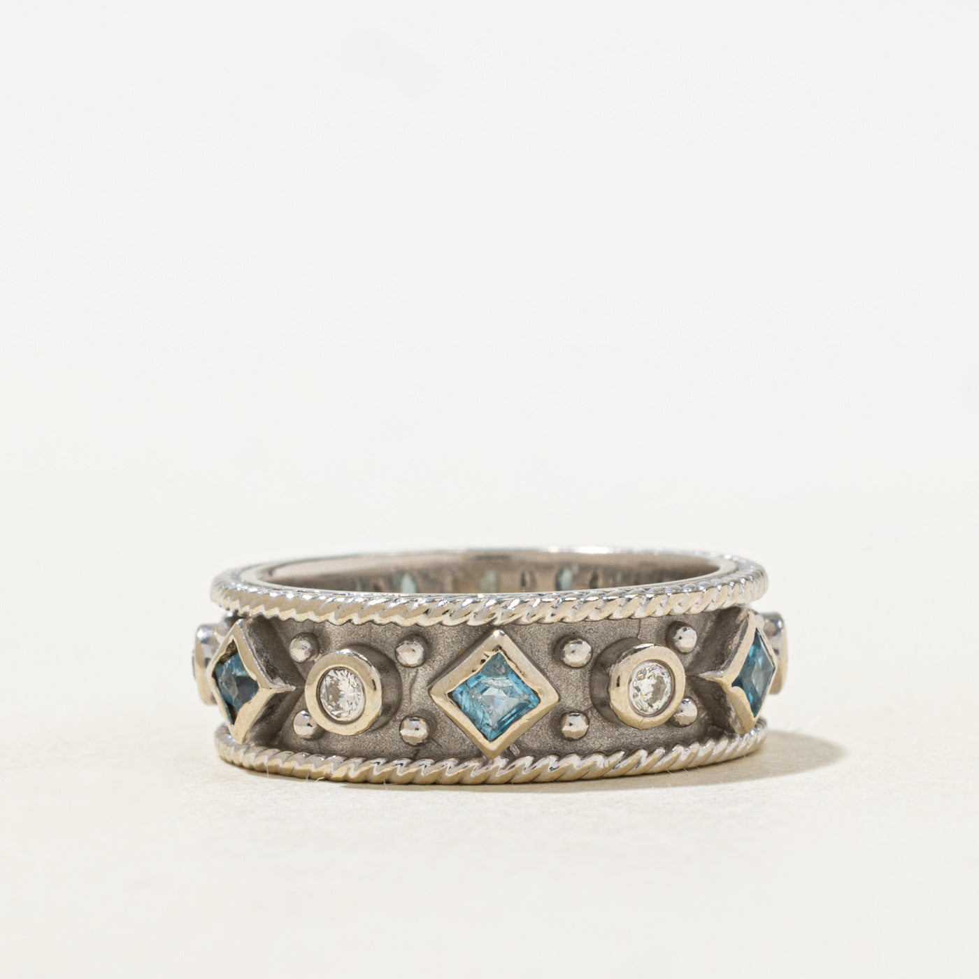 Bezel Set Blue Topaz & Diamond Textured Band | 6.90mm | SZ 6.75