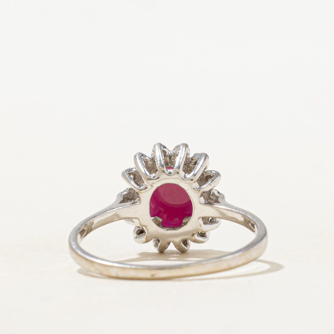 Synthetic Ruby & Natural Diamond Petal Halo Ring | 2.0ct, 0.26ctw | SZ 7.0