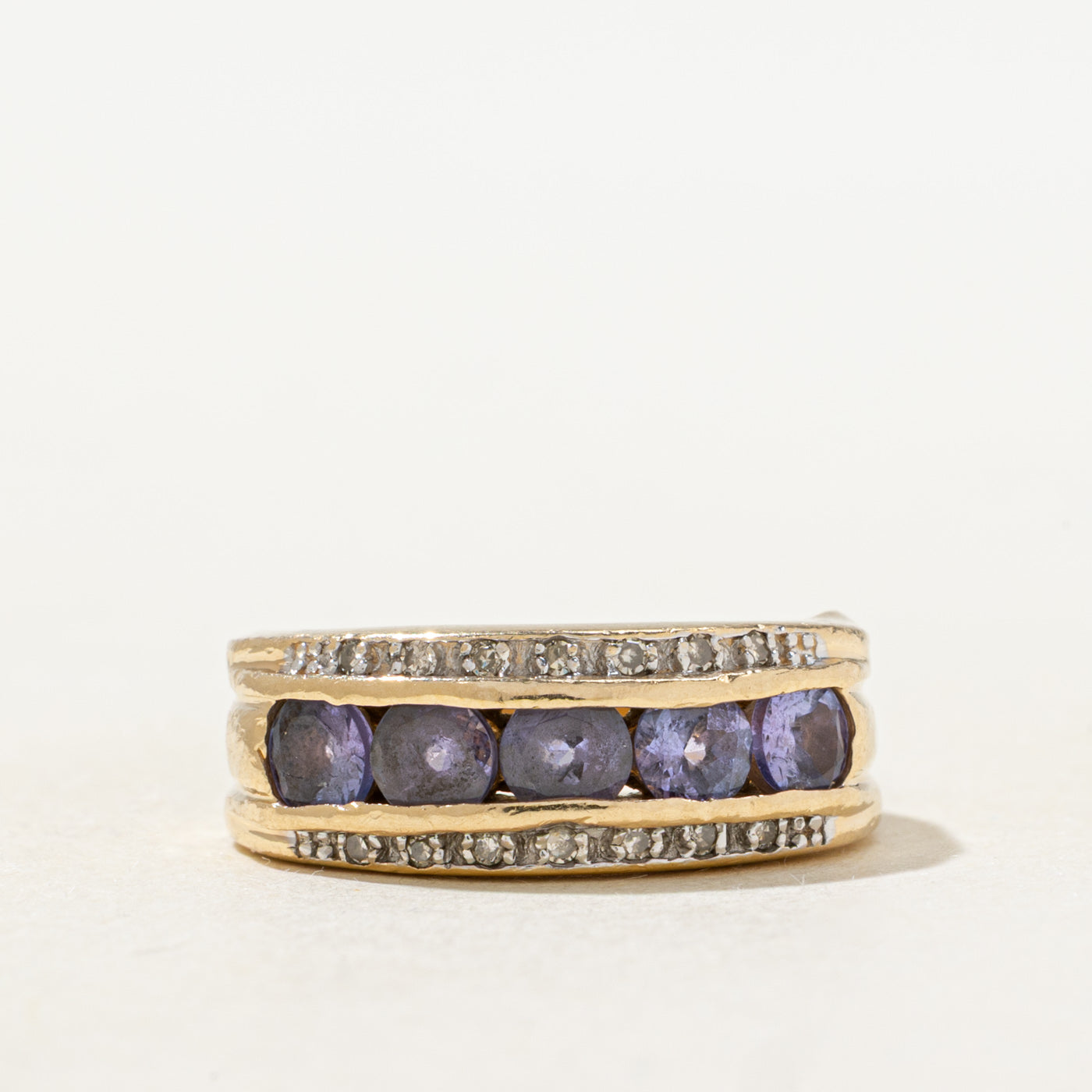 Five Stone Tanzanite & Diamond Edged Groved Band | 0.60ctw, 0.07ctw | SZ 5.25