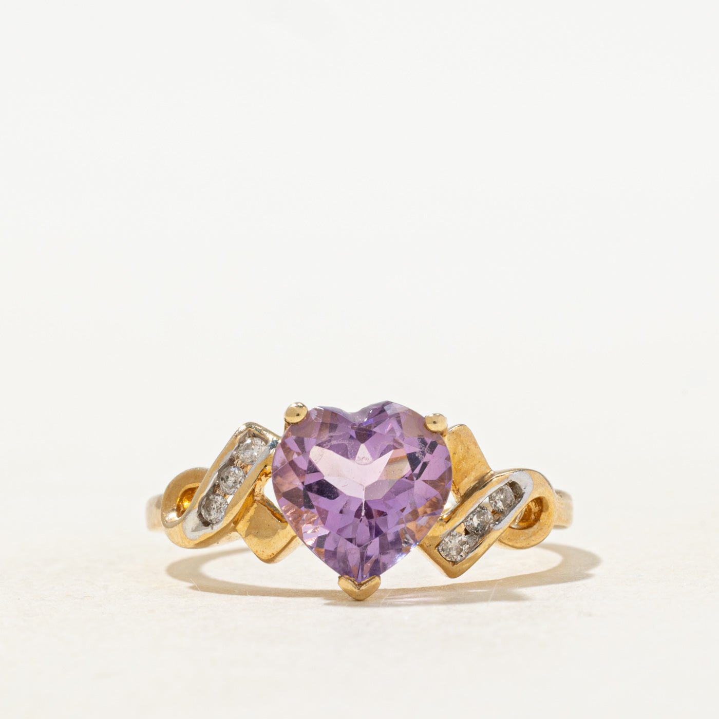 Heart Cut Amethyst & Diamond Cross Over Ring | 1.40ct, 0.03ctw | SZ 7.0