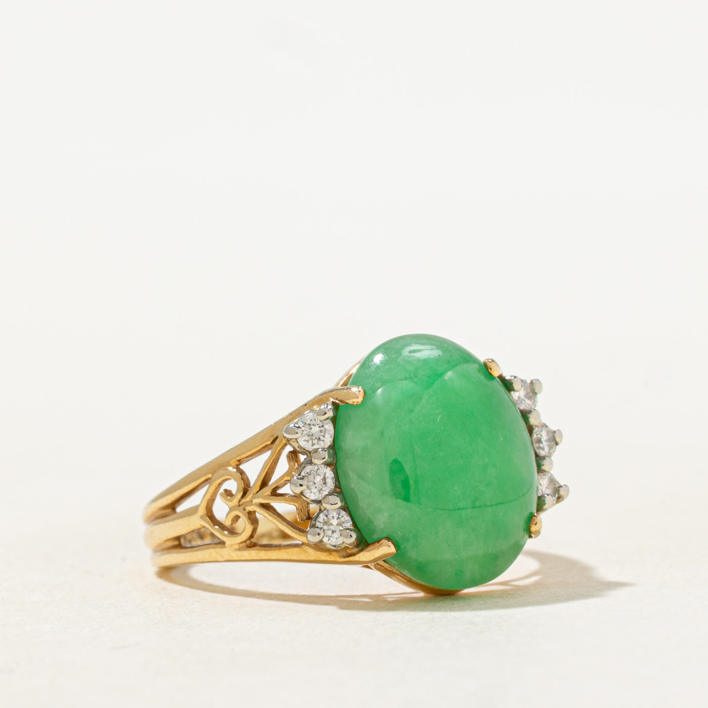 Jadeite & Diamond Petal Openwork Ring | 5.0ct, 0.20ctw | SZ 6.25