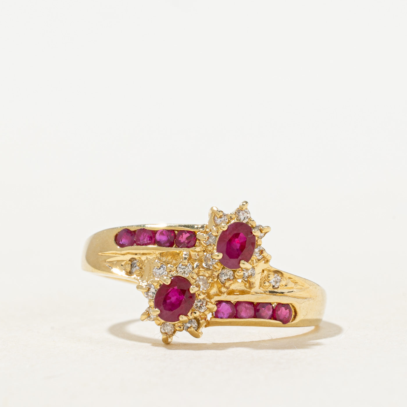 Synthetic Ruby & Natural Diamond Petal Halo Bypass Ring | 0.05ctw, 0.05ctw | SZ 7.25
