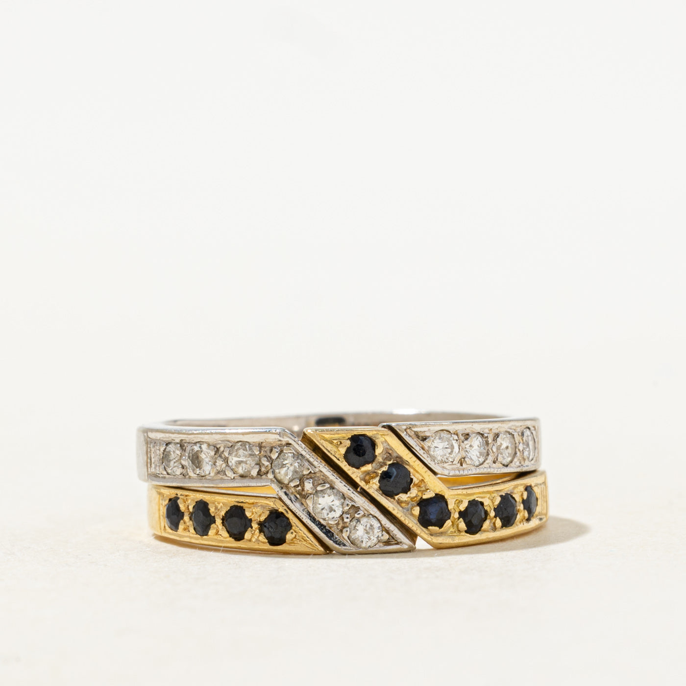 Two Tone Gold Diamond & Sapphire Interlocking Puzzle Band | 0.25ctw, 0.25ctw | SZ 7.75