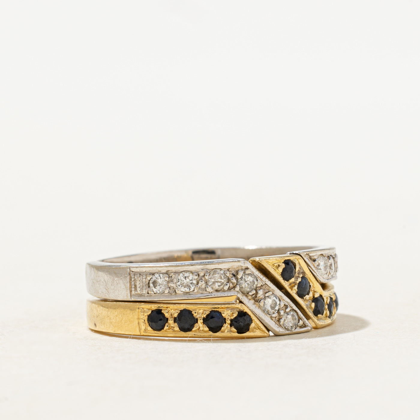 Two Tone Gold Diamond & Sapphire Interlocking Puzzle Band | 0.25ctw, 0.25ctw | SZ 7.75