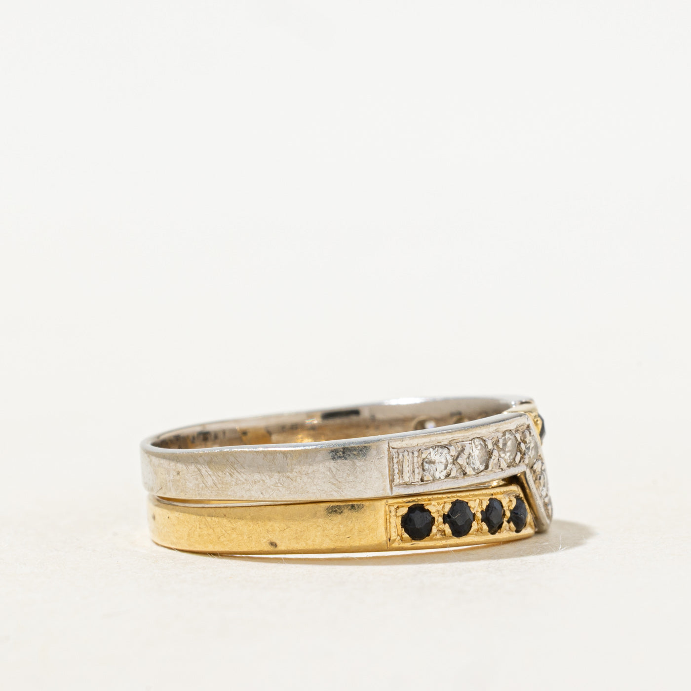 Two Tone Gold Diamond & Sapphire Interlocking Puzzle Band | 0.25ctw, 0.25ctw | SZ 7.75