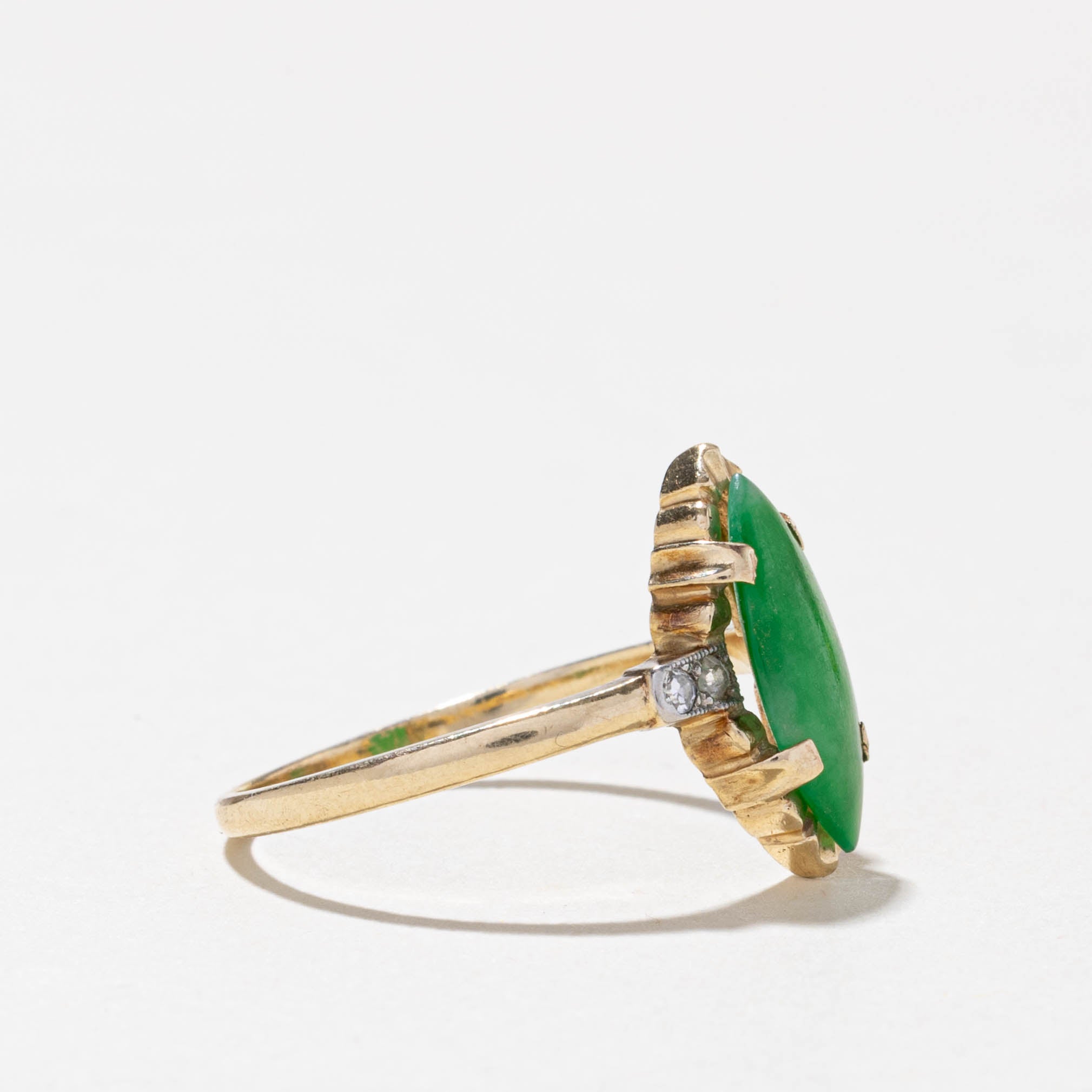 10k Jadeite and Diamond Marquise Cut Ring | 1.00ct, 0.06ctw | SZ 8.75