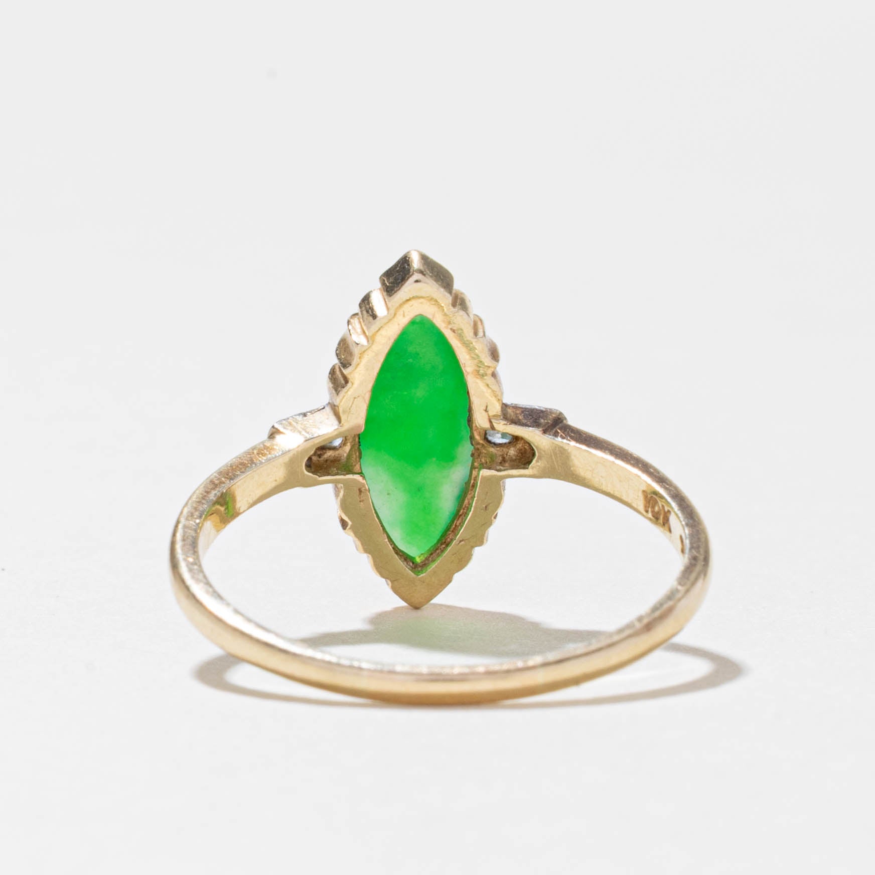 10k Jadeite and Diamond Marquise Cut Ring | 1.00ct, 0.06ctw | SZ 8.75