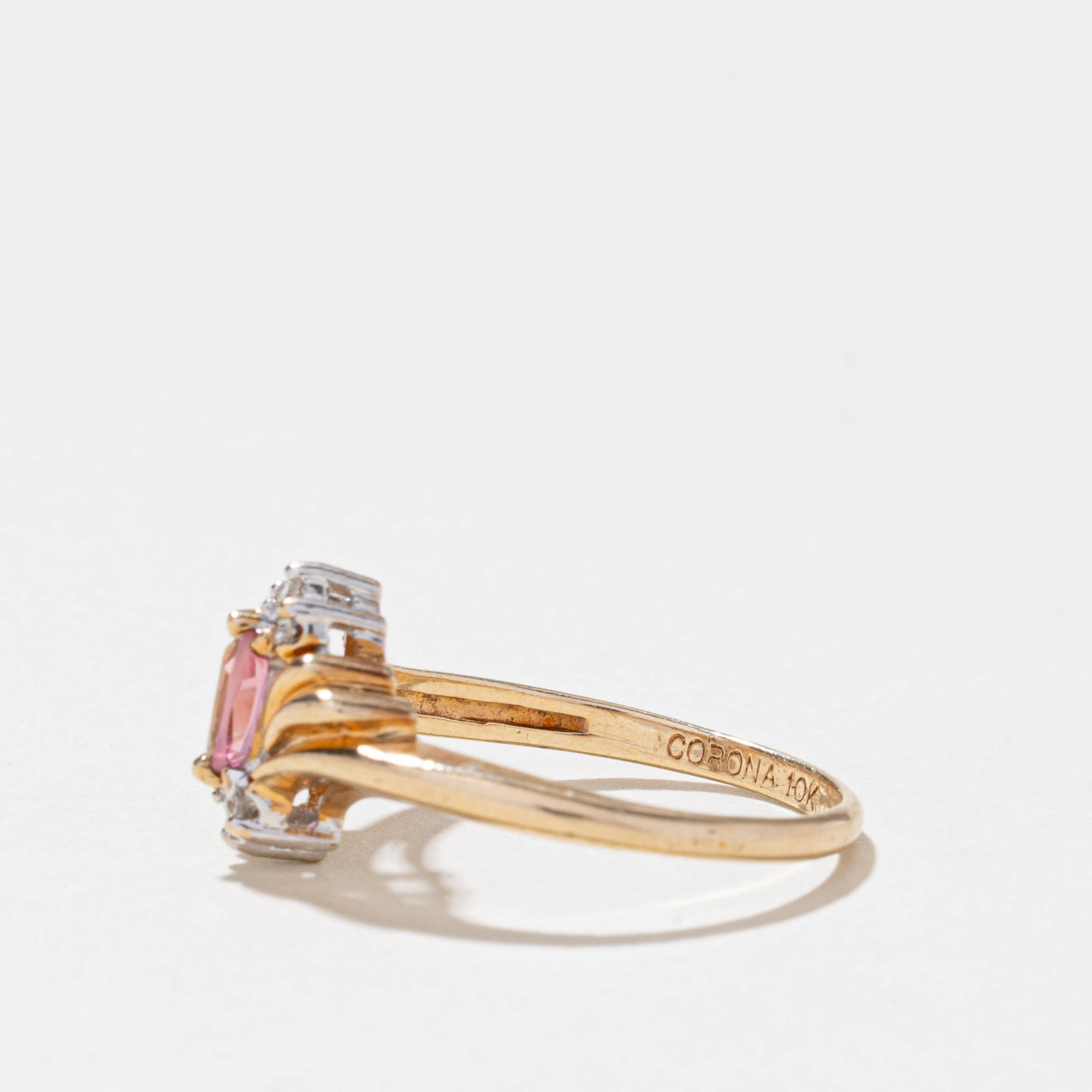 10k Pink Tourmaline & Diamond Grooved Ring | SZ 6.5