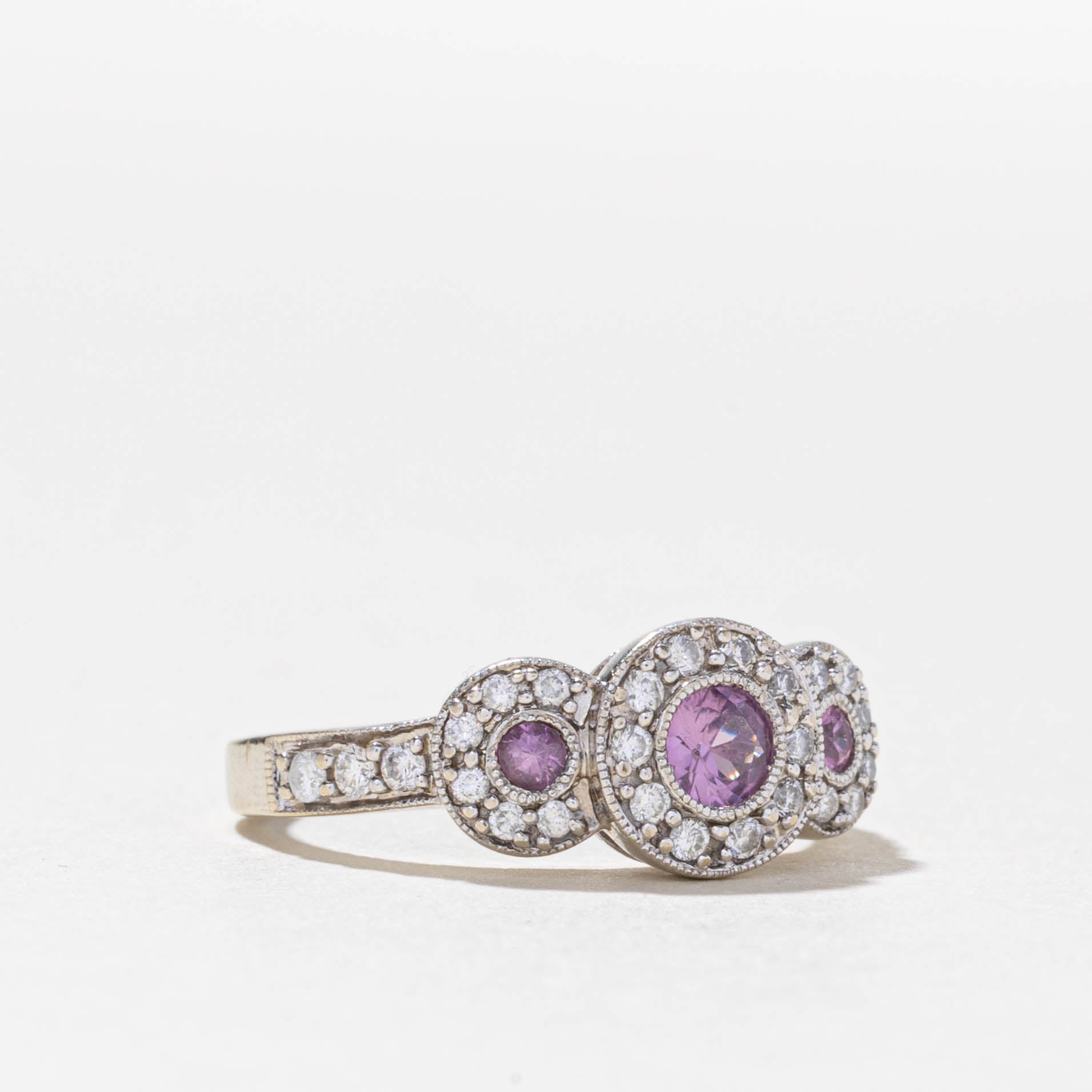 Three Stone Synthetic Sapphire & Diamond Halo Ring | 0.20ctw, 0.08ctw | SZ 5