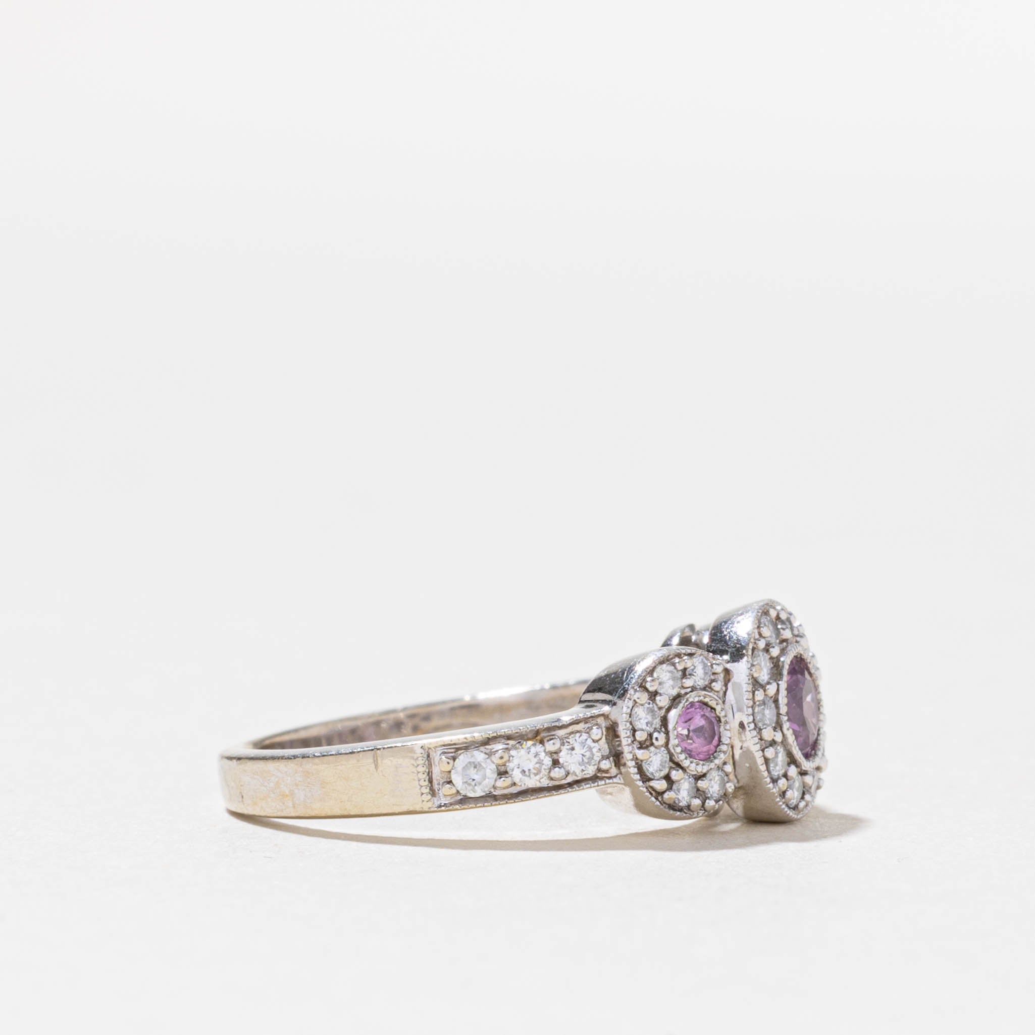 Three Stone Synthetic Sapphire & Diamond Halo Ring | 0.20ctw, 0.08ctw | SZ 5