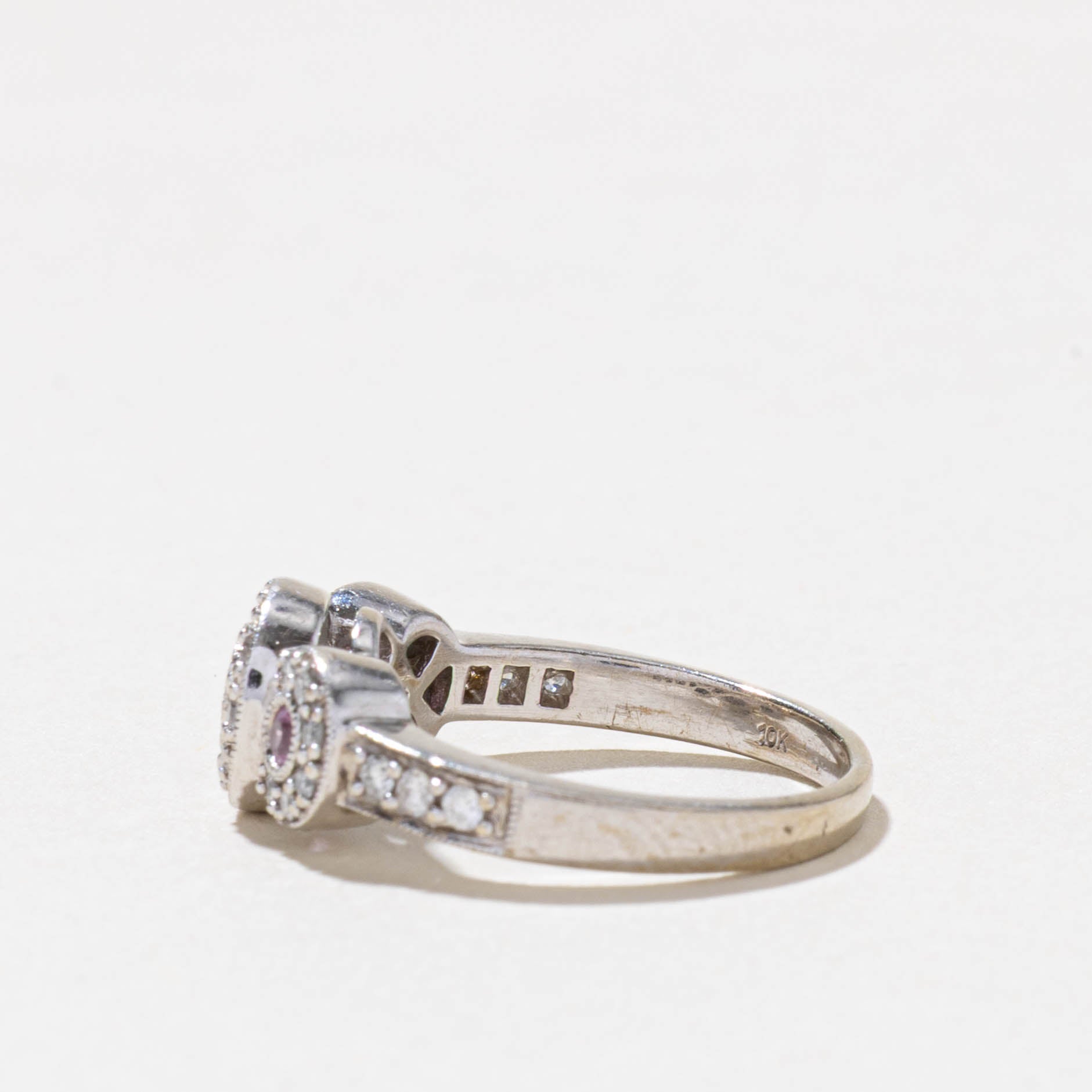Three Stone Synthetic Sapphire & Diamond Halo Ring | 0.20ctw, 0.08ctw | SZ 5