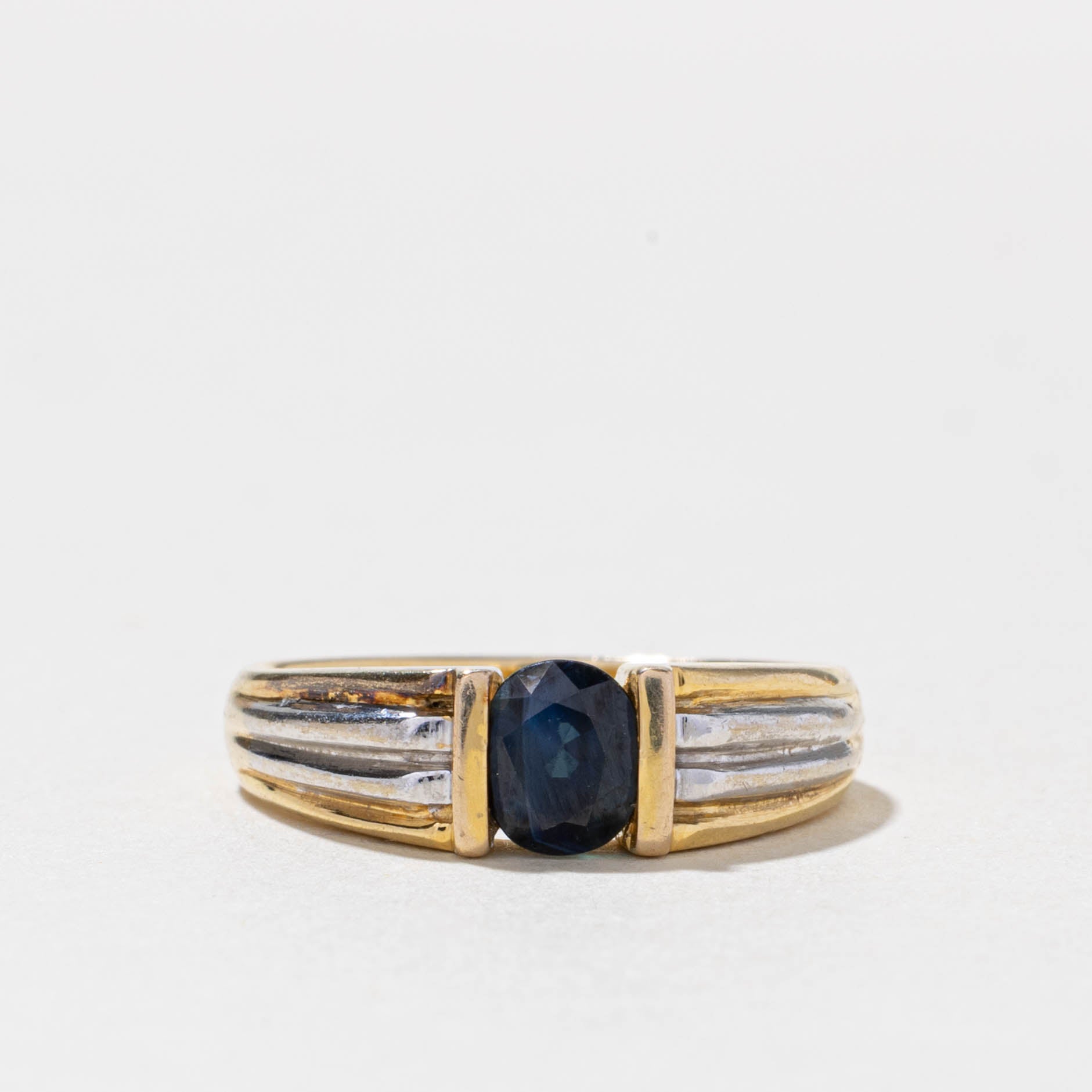 14k Two Tone Gold Sapphire Grooved Ring | 0.70ct | SZ 7.25