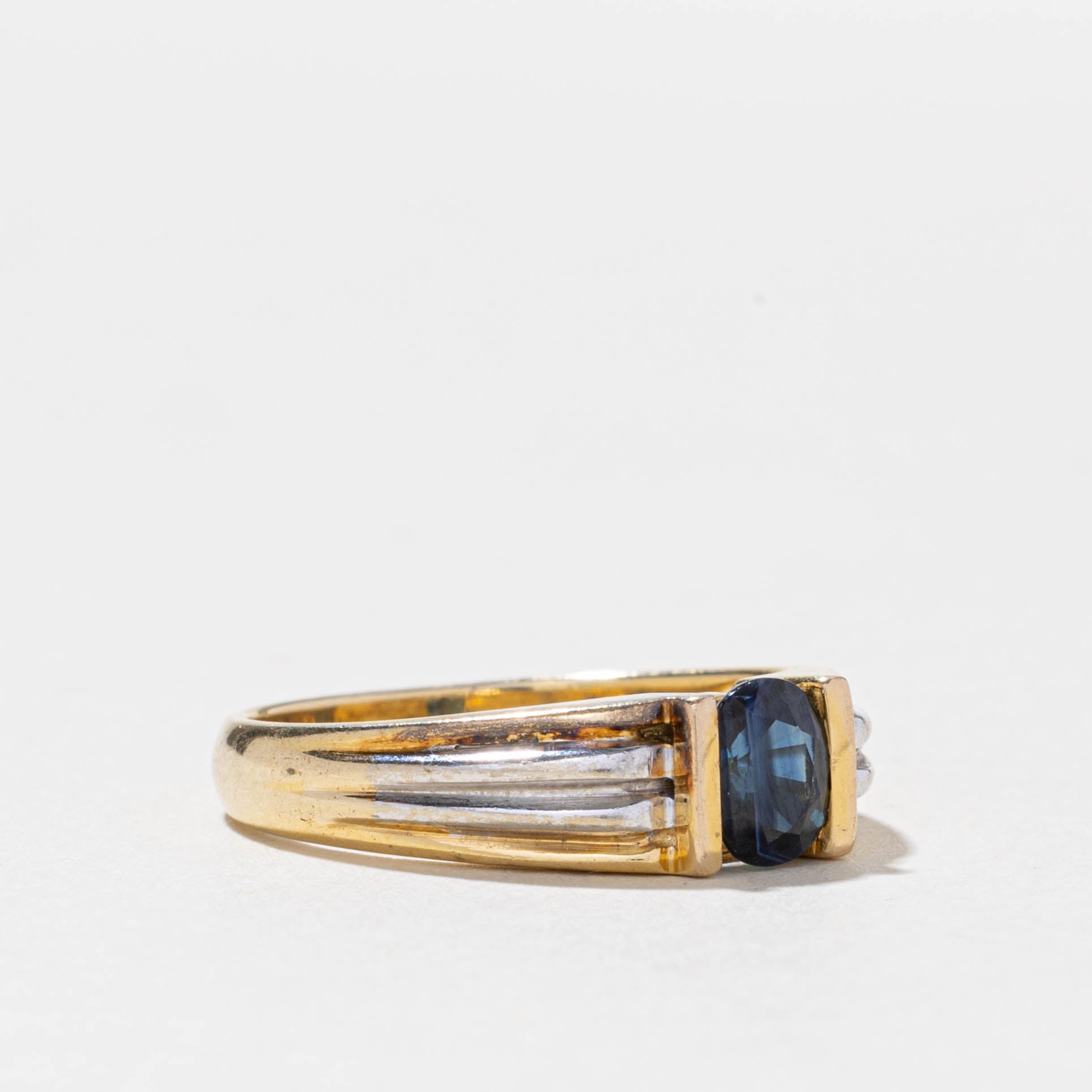 14k Two Tone Gold Sapphire Grooved Ring | 0.70ct | SZ 7.25