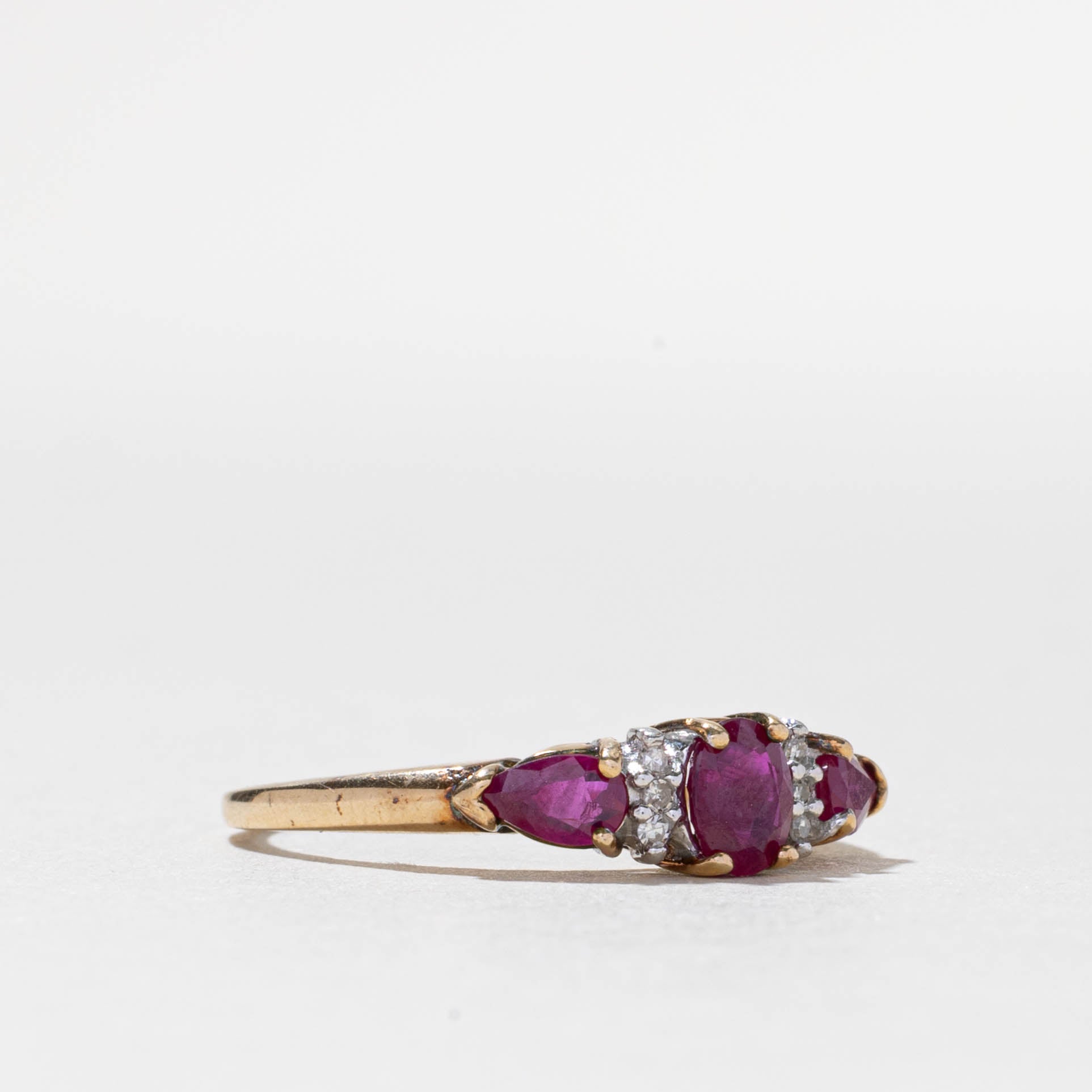 10k Three Stone Ruby & Diamond Accented Ring | 0.80ctw, 0.03ctw | SZ 8