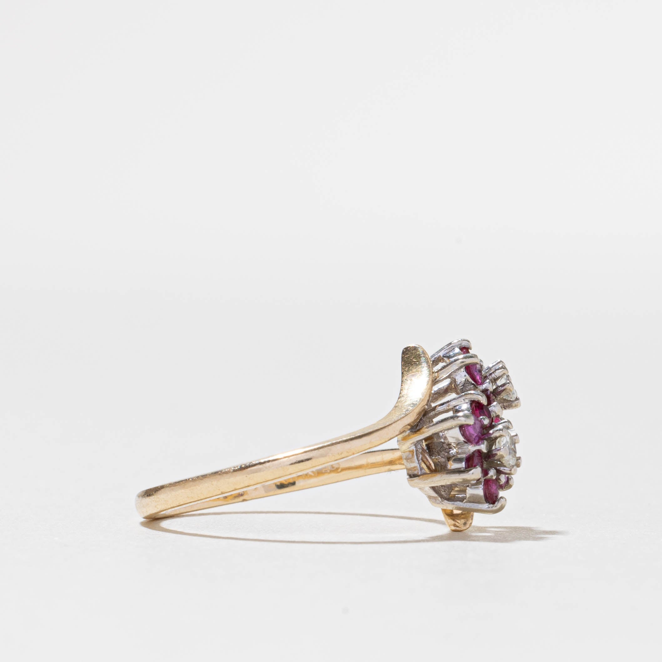 Vintage Canadian 14k Ruby & Diamond Flower Cluster Bypass Ring | 0.30ctw, 0.10ctw | SZ 6.5