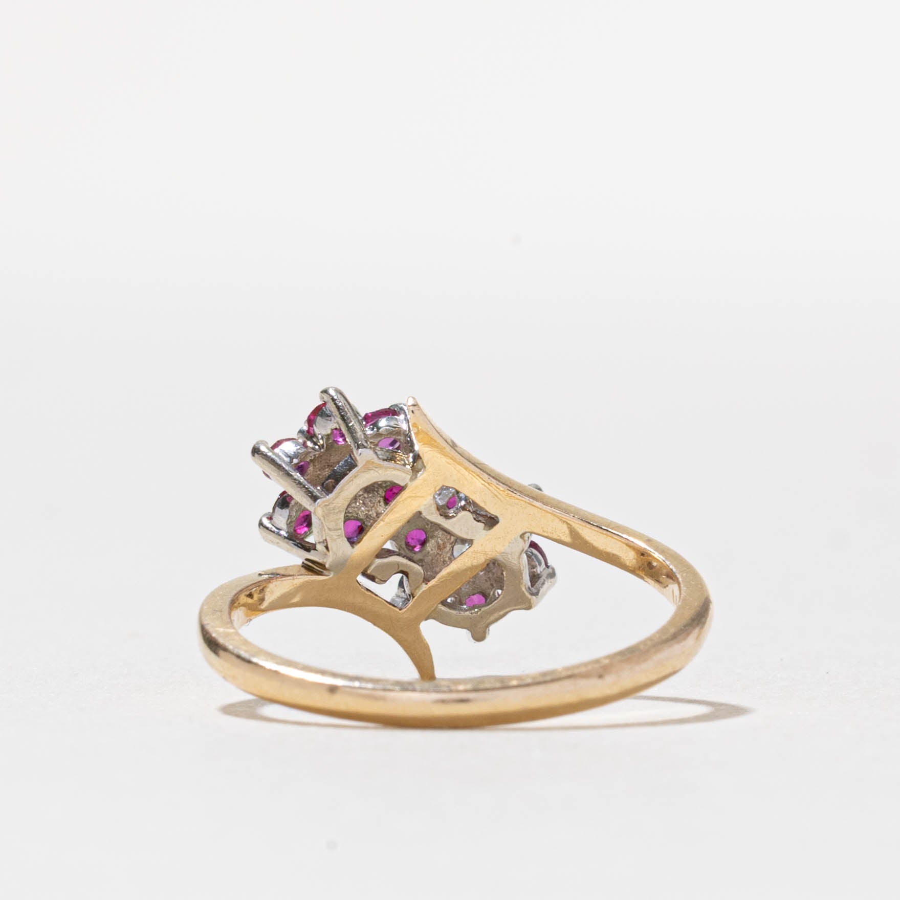Vintage Canadian 14k Ruby & Diamond Flower Cluster Bypass Ring | 0.30ctw, 0.10ctw | SZ 6.5