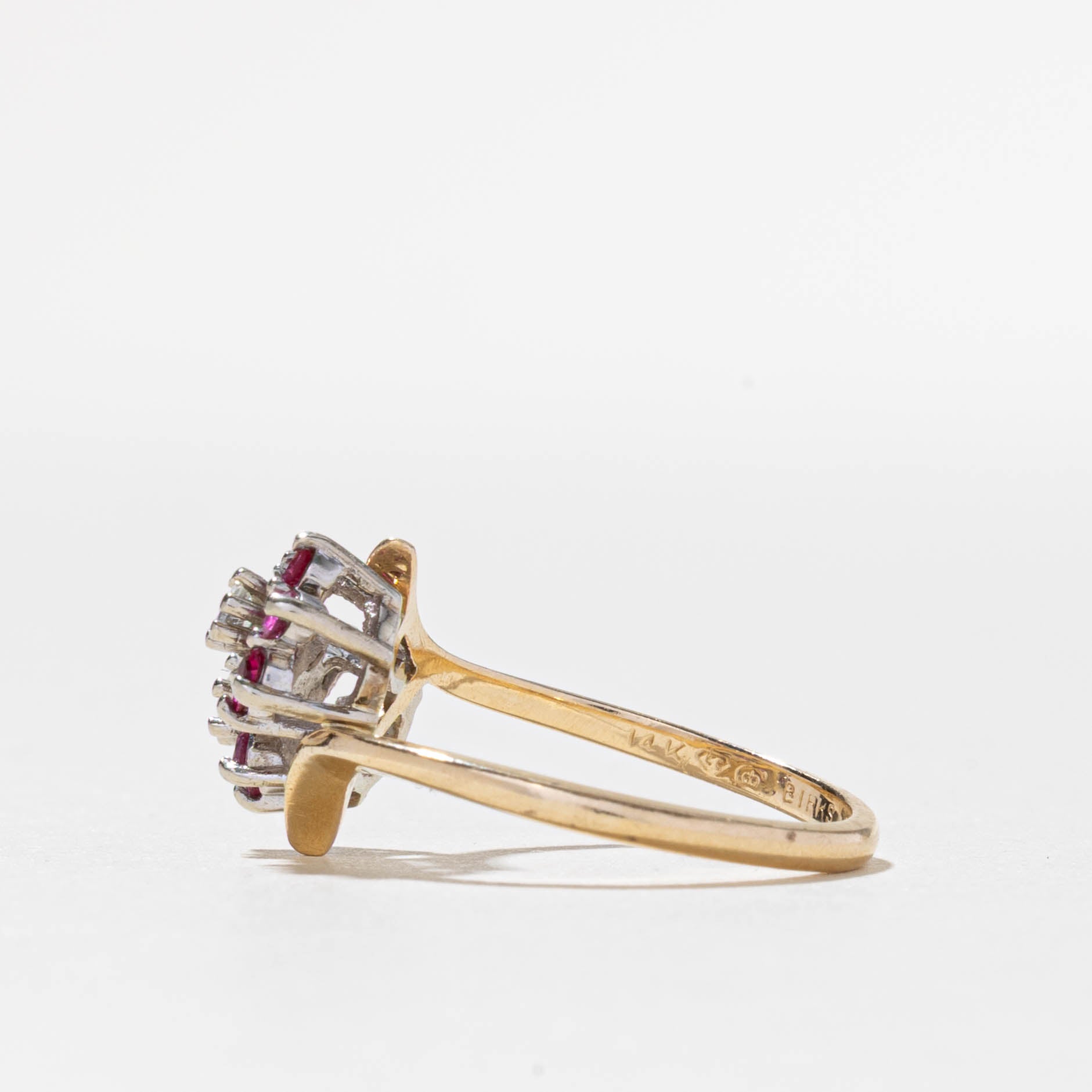 Vintage Canadian 14k Ruby & Diamond Flower Cluster Bypass Ring | 0.30ctw, 0.10ctw | SZ 6.5