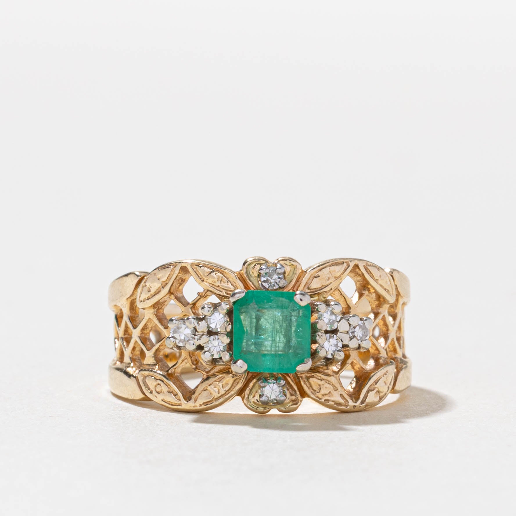 14k Emerald & Diamond Openwork Ring | 0.57ct, 0.08ctw | SZ 7.5