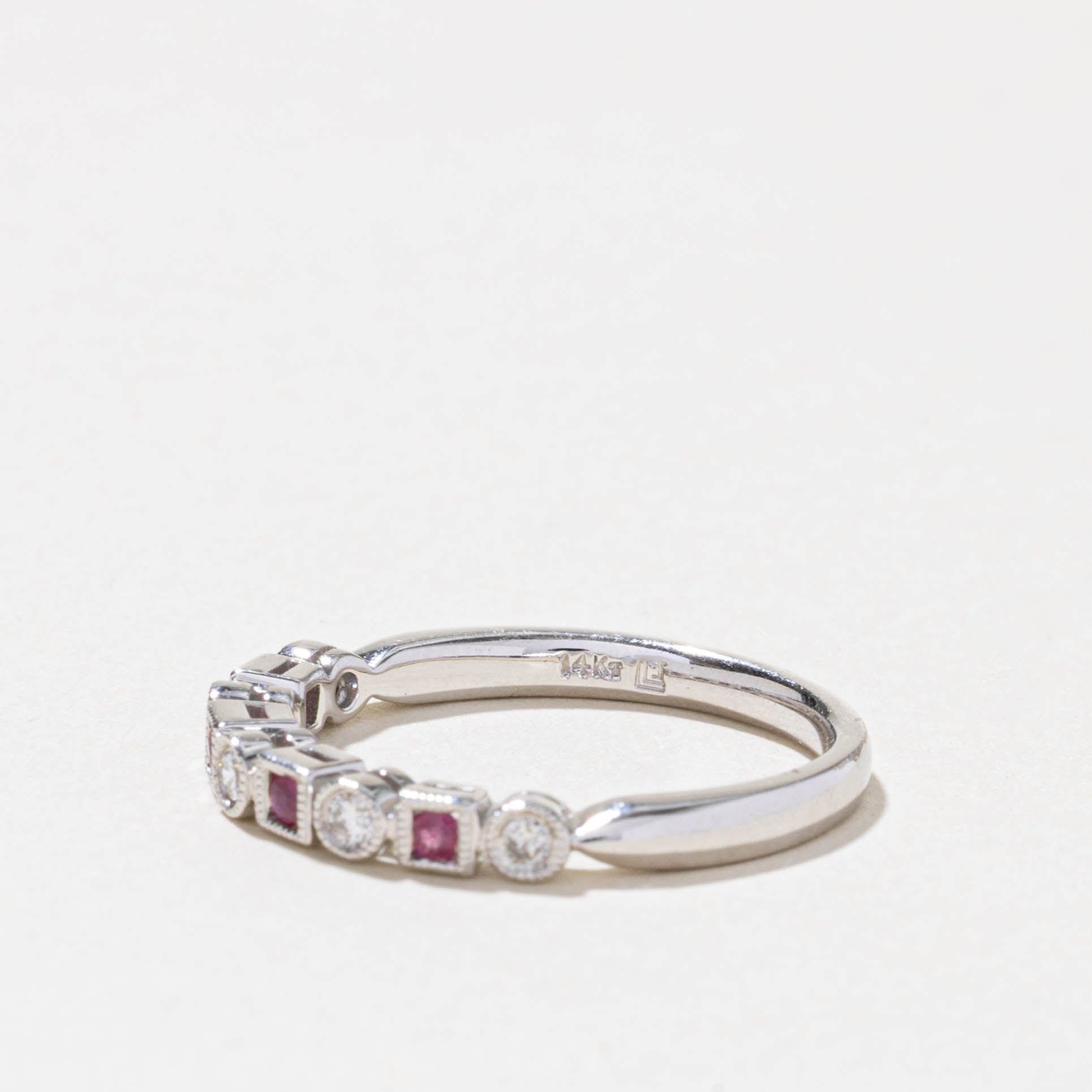 14k Semi Eternity Ruby & Diamond Milgrain Band | 0.12ctw, 0.08ctw | SZ 7