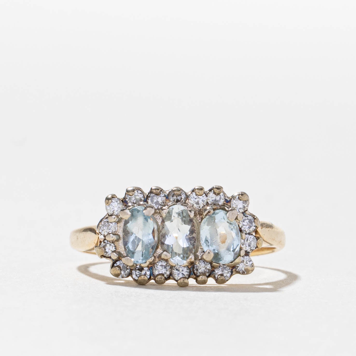 14k Three Stone Aquamarine & Diamond Petal Halo Ring | 0.42ctw, 0.18ctw | SZ 5.5