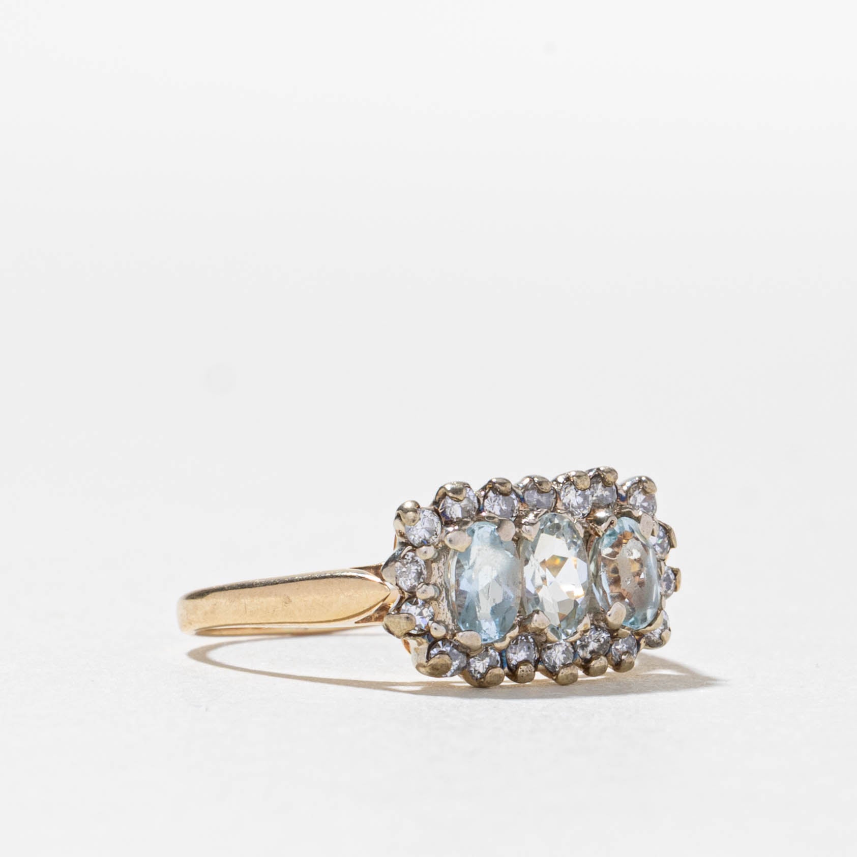 14k Three Stone Aquamarine & Diamond Petal Halo Ring | 0.42ctw, 0.18ctw | SZ 5.5